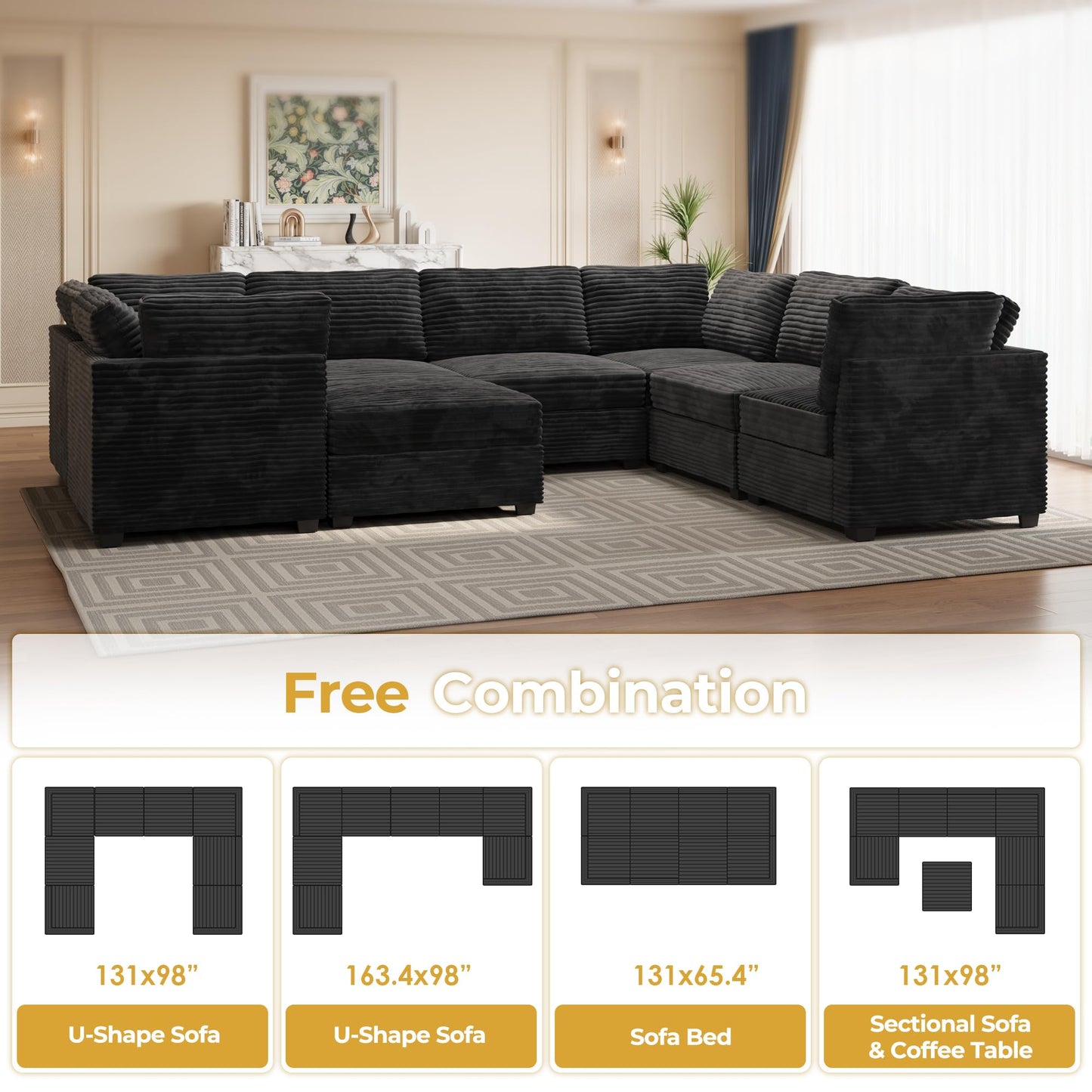 HOOOWOOO Modular Sectional Sofa,5 Pieces Sectional Couches for Living Room,98X98 L Shaped Cloud Couch Set(Grey Velvet Corduroy)