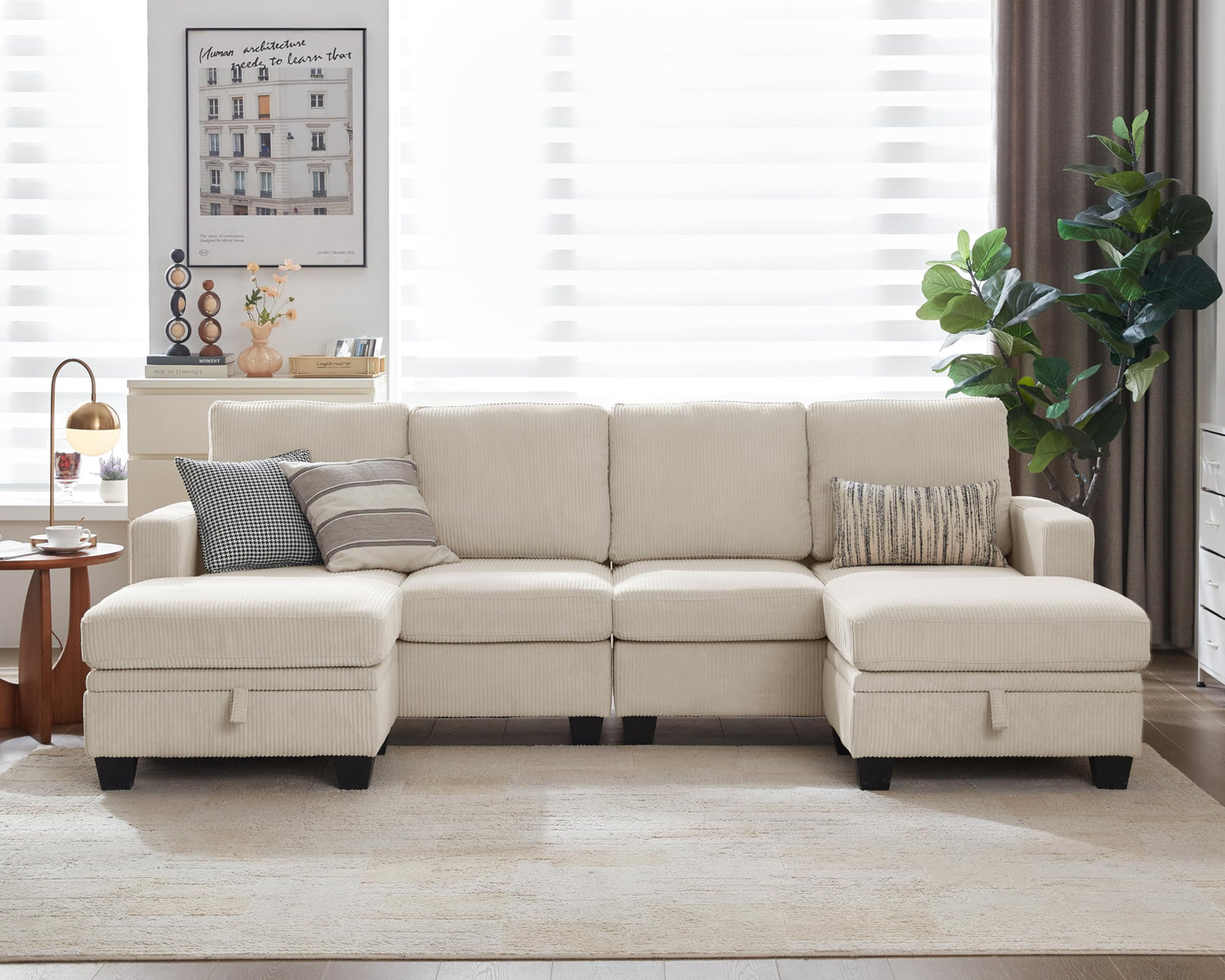 CHIC HOUSE Corduroy Modular Sectional Couch with Ottoman Chaise, L Shaped 4-seat Sofa for Living Room, Apartment, Lounge, Modern Armrest Neck Support Furniture