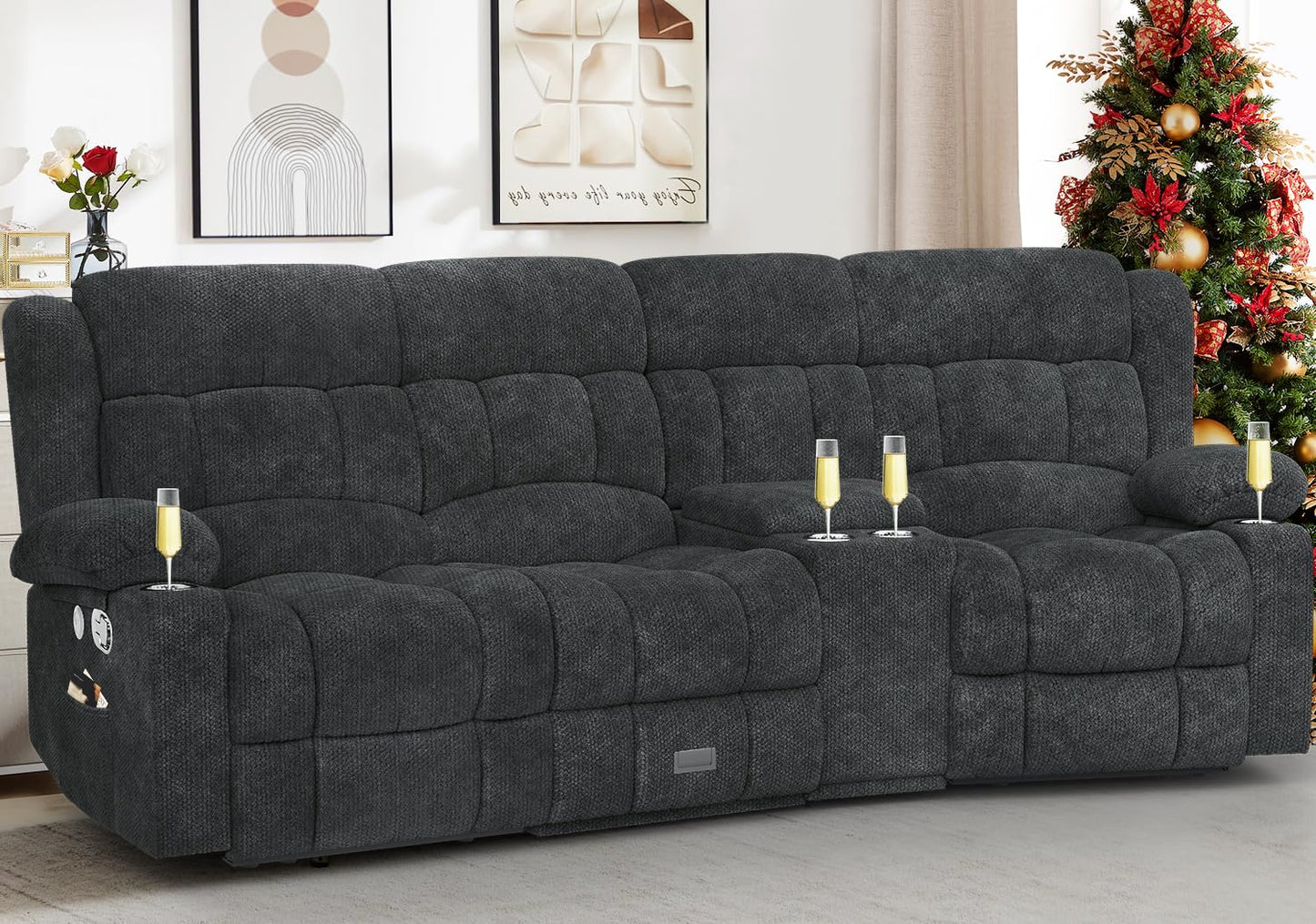 Loveseat Recliner Sofa, Flip Middle Backrest Design 3 Seat Reclining Sofa with Storage Drawer, USB Ports & Cup Holders, Manual Couch for Living Room/RV (Gray)