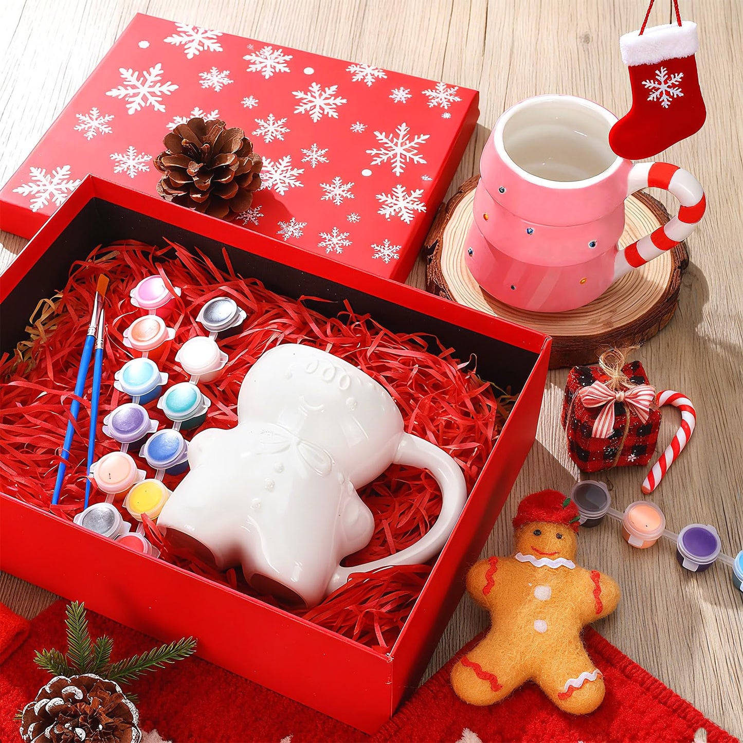 Vesici 4 Sets Paint Your Own Christmas Mugs Kits with 12 Color Paints Brush Instruction Manual Ceramic Gingerbread Man Christmas Tree Mugs Xmas DIY Painted Cup Winter Holiday Gift Art Favor