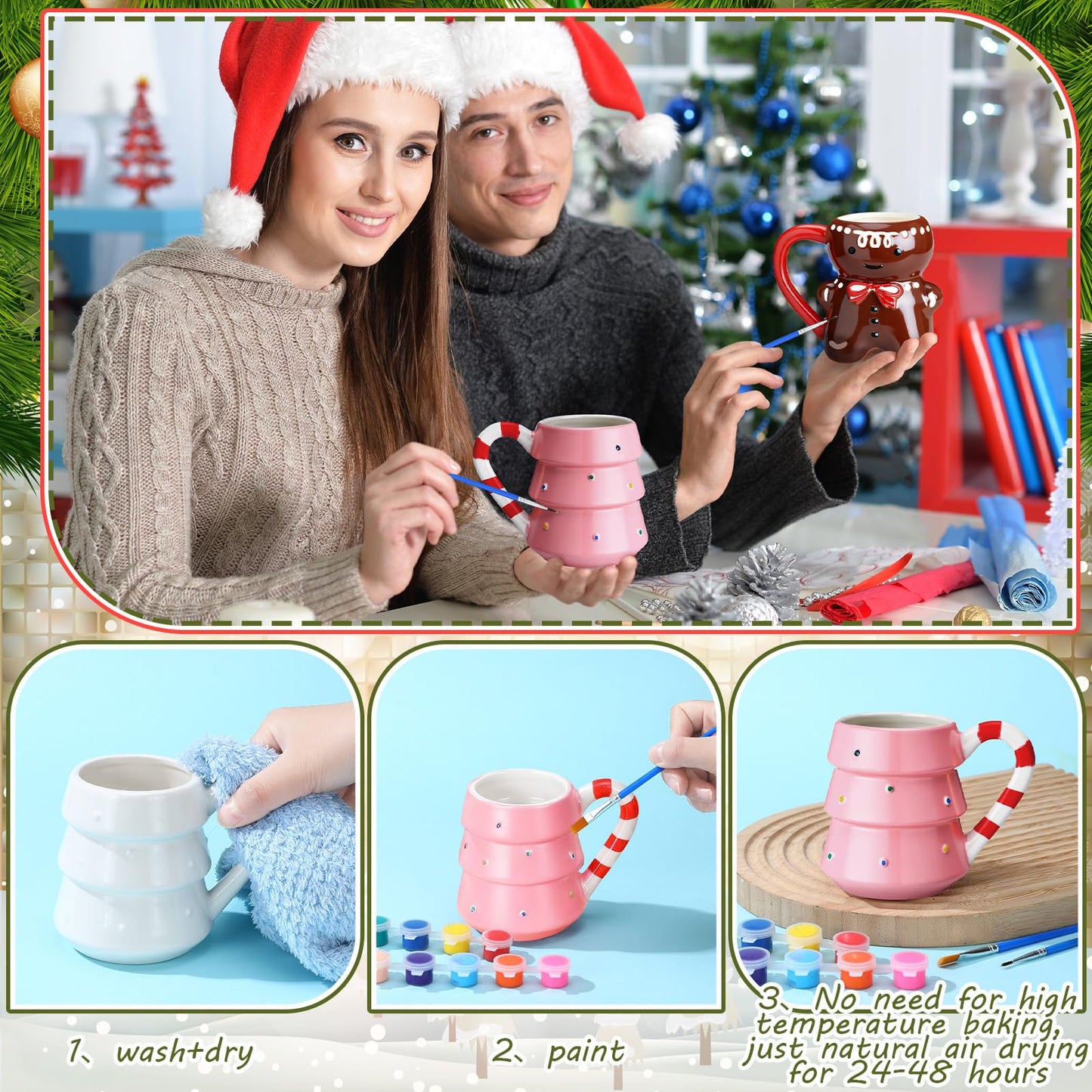 Vesici 4 Sets Paint Your Own Christmas Mugs Kits with 12 Color Paints Brush Instruction Manual Ceramic Gingerbread Man Christmas Tree Mugs Xmas DIY Painted Cup Winter Holiday Gift Art Favor