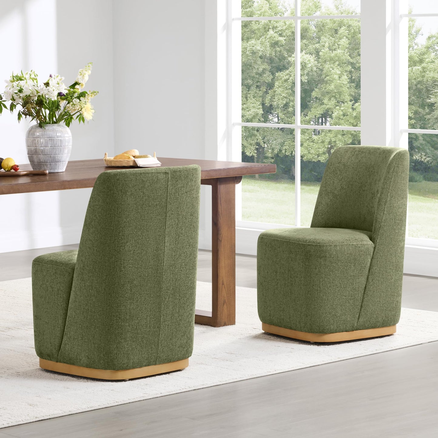 CHITA Upholstered Rolling Dining Chair with Casters Set of 2, Oatmeal | FSC Certified Modern Fabric Dining Chair with Casters, Boucle Dining Chairs for Reading Room Kitchen Dining Room