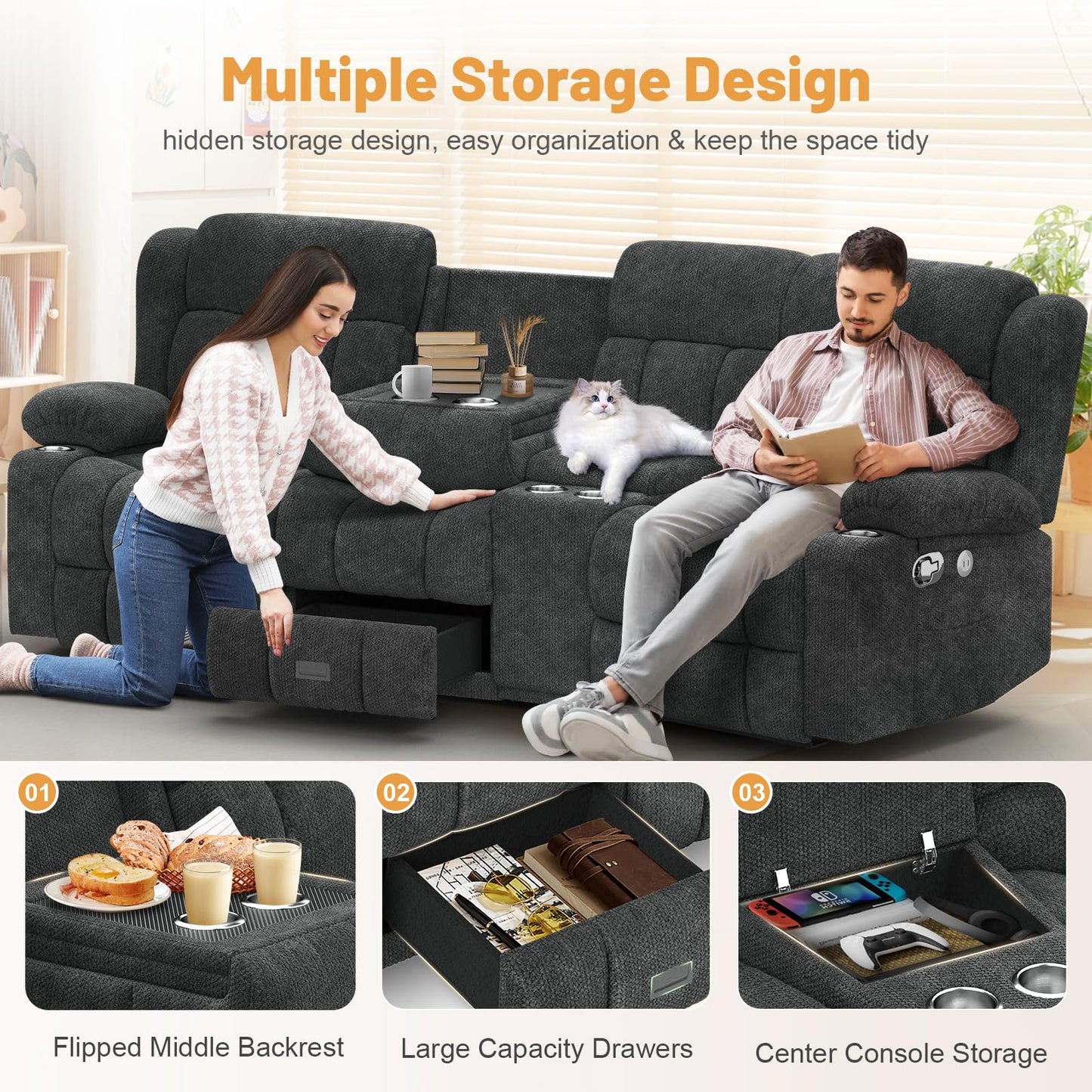 Loveseat Recliner Sofa, Flip Middle Backrest Design 3 Seat Reclining Sofa with Storage Drawer, USB Ports & Cup Holders, Manual Couch for Living Room/RV (Gray)