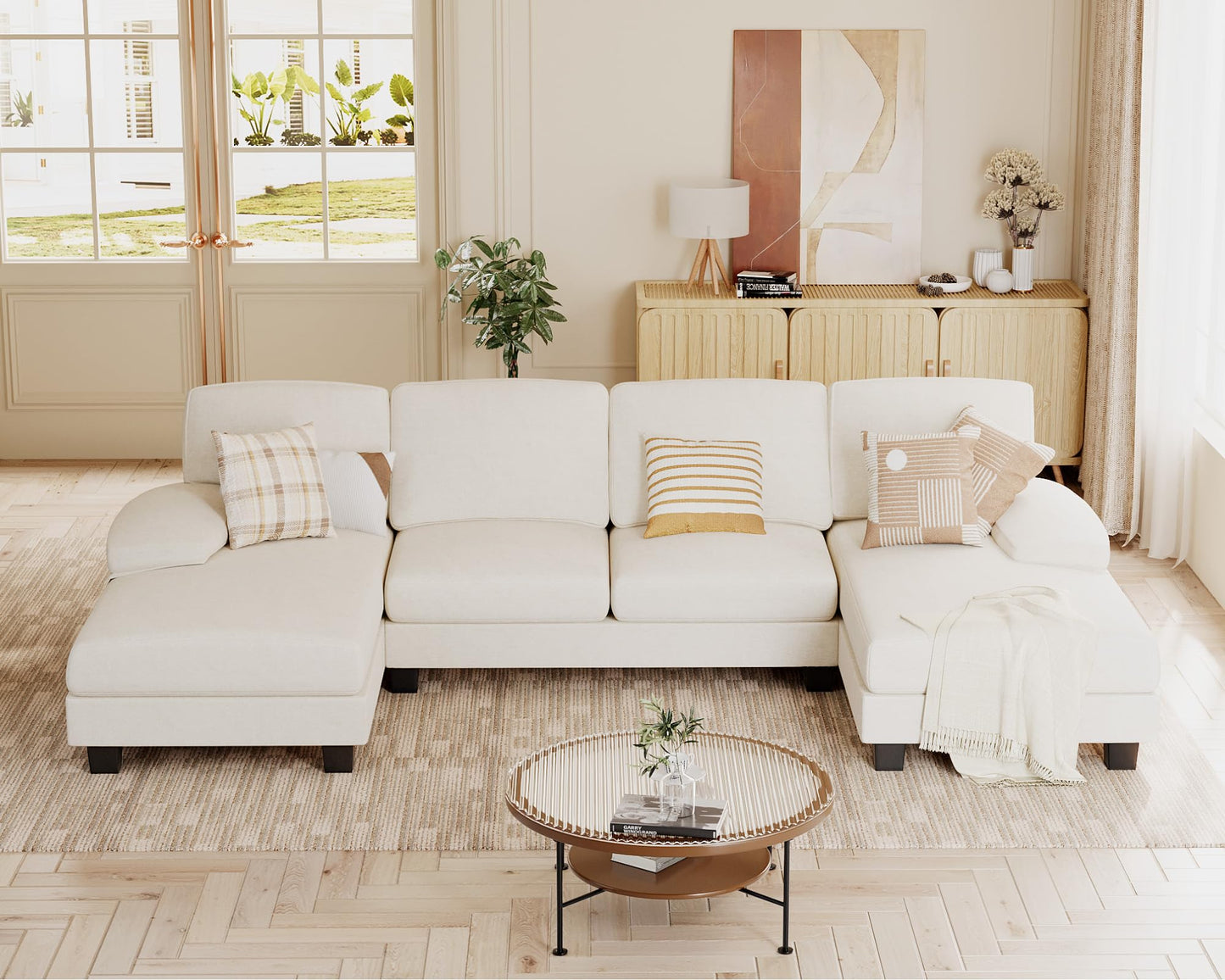 JUMMICO Sectional Couches for Living Room, U Shaped Couch with Chenille Fabric, 4 Seat Modern Sofa with Removable Pillows for Apartment and Small Space (Corduroy, Beige)