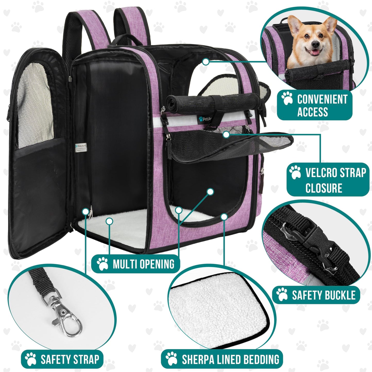PetAmi Dog and  Cat Backpack Carrier for Cats, 4-Way Entry Ventilated, 18lbs Max | Sherpa Bed Included, Foldable Load-In Top, Safety Reflective Strap, Breathable Mesh, Poop Bag Dispenser, Padded Back Support