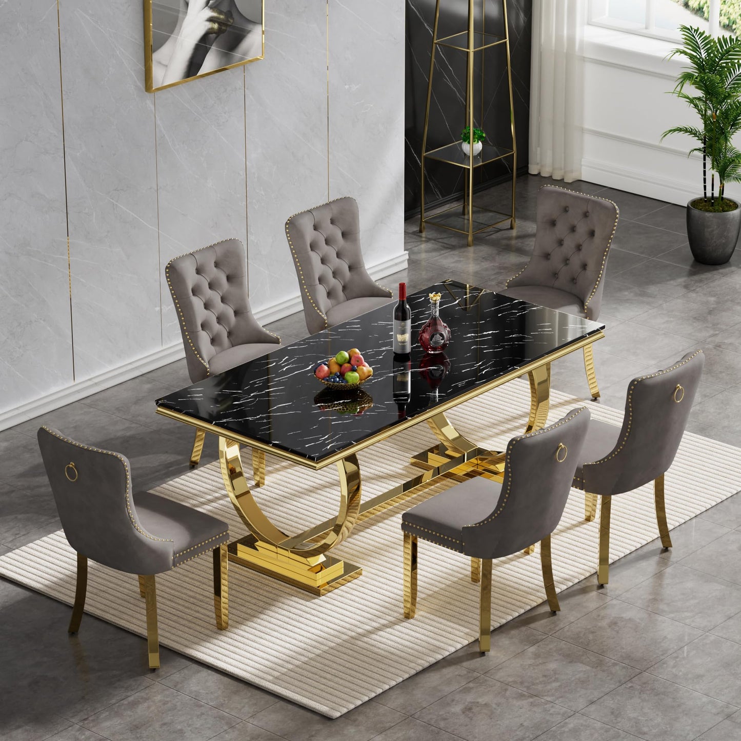 HomVent 70" Faux Marble Dining Table Set for 6, Rectangular Marble Top Kitchen Table Set, Kitchen & Dining Room Sets, Dining Table and Dining Chair