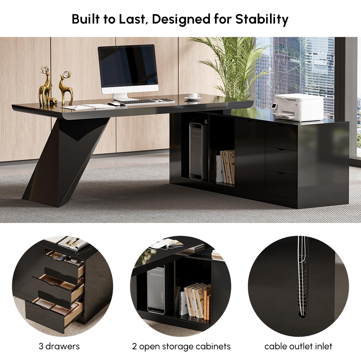 homary 70.9" Modern L-Shape Executive Desk, Home Office Desk with Drawers & Cabinet Modern Computer Desk for Home Business Furniture, Black, Right Hand