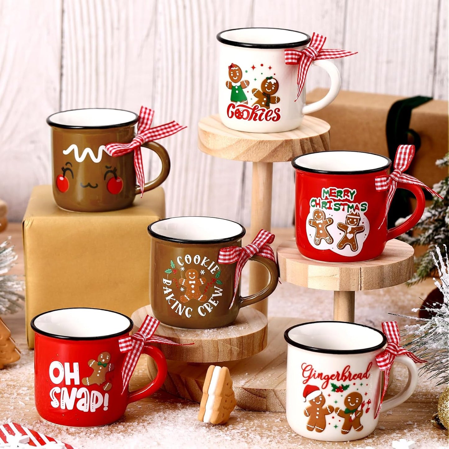 6 Pcs Christmas Mini Coffee Mugs Xmas Mini Coffee Cups Christmas Mugs with Ribbons for Home Tiered Tray Decor Xmas Winter Holiday Kitchen Bar Decorations Housewarming Gifts (Gingerbread Man)