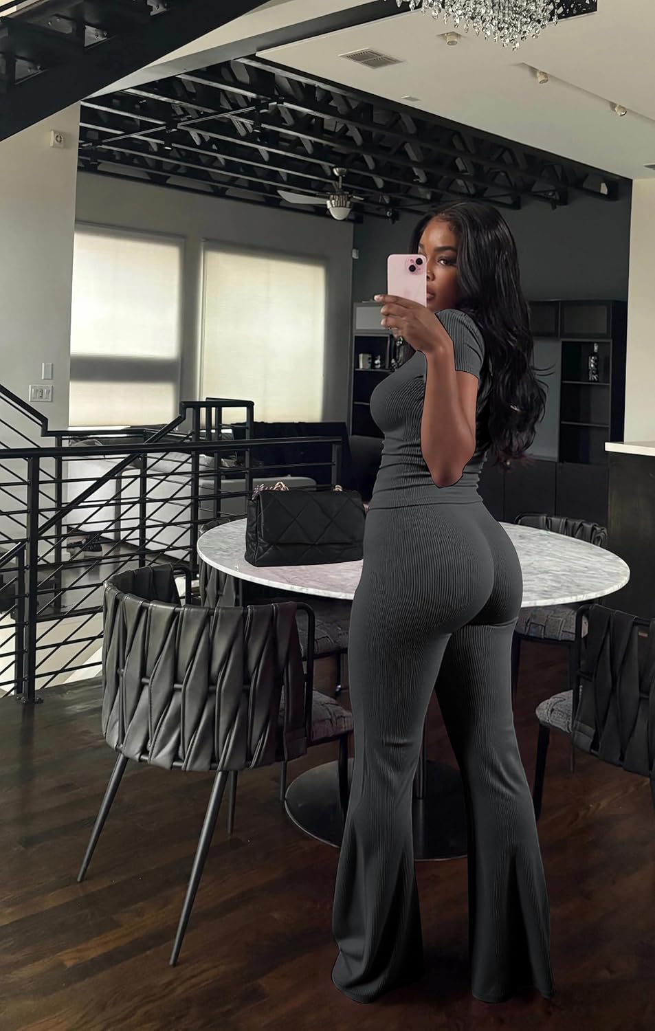 HBQ Women Two Piece Outfit Ribbed Short Sleeve V Neck Polo Top and Flare Pants Casual Lounge Sets Tracksuit