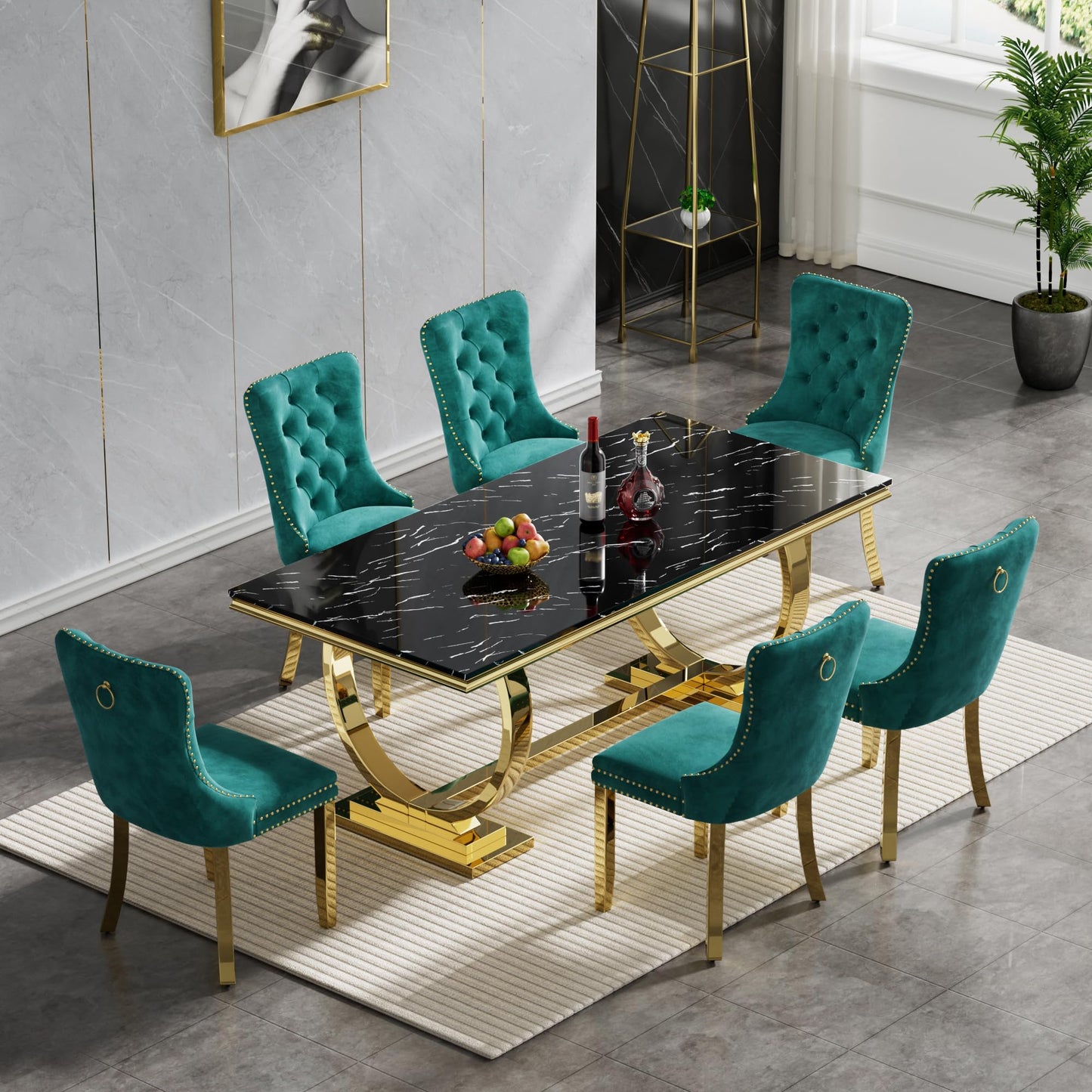 HomVent 70" Faux Marble Dining Table Set for 6, Rectangular Marble Top Kitchen Table Set, Kitchen & Dining Room Sets, Dining Table and Dining Chair