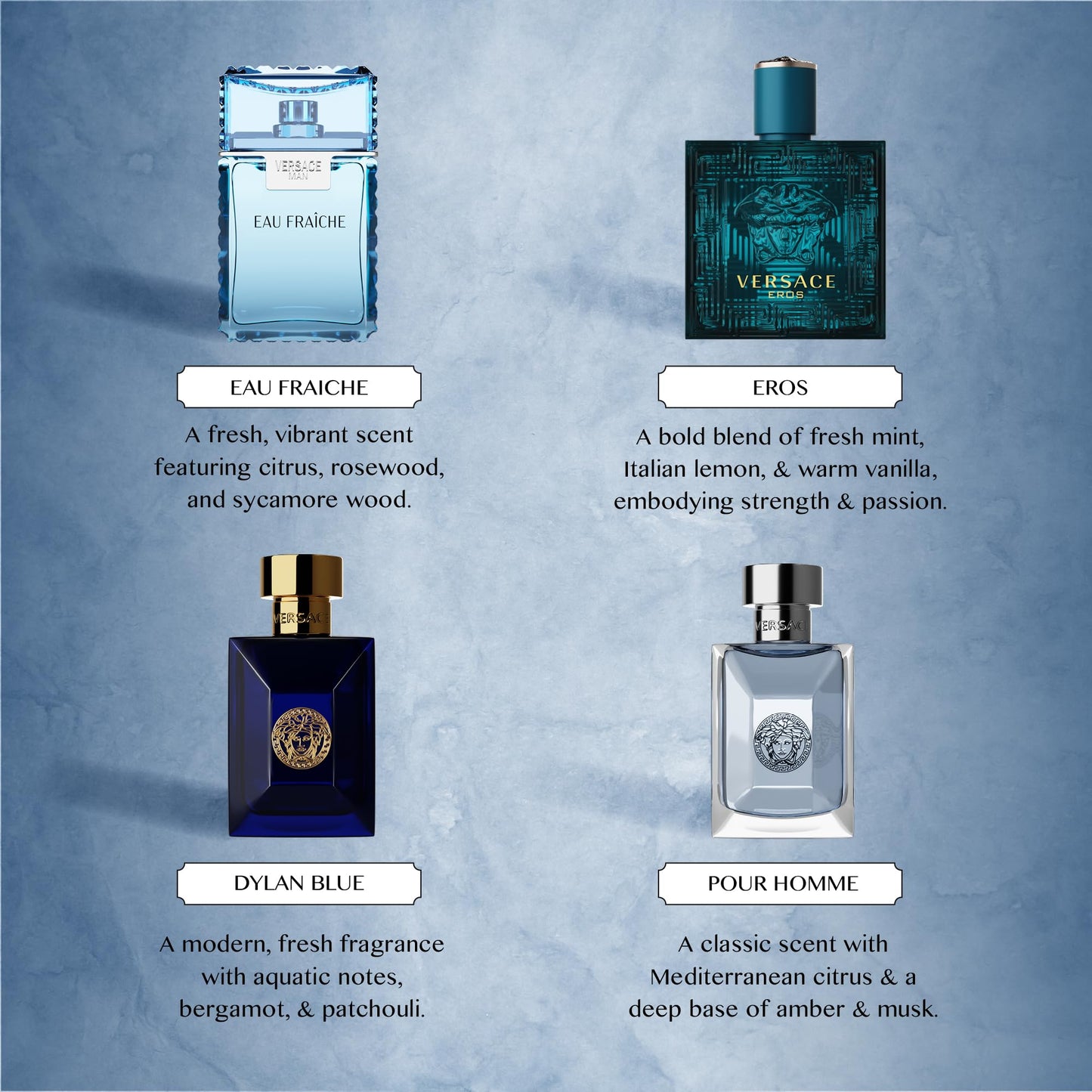 Set de 4 mini perfumes Versace para hombre: Eros, Pour Homme, Dylan Blue, Eau Fraiche. Muestras de perfumes para hombre (4 unidades, 0.17 oz). 