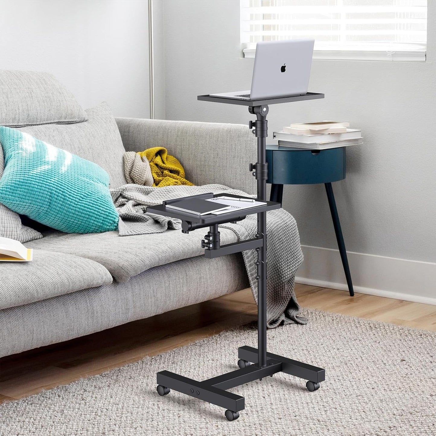 2 Shelves Projector Stand Tripod, Mobile Laptop Cart on Wheels Projector Tripod Stand Adjustable Height 45 to 64 Inches, Overbed Table with Wheels, Rolling Laptop Floor Stand for Couch