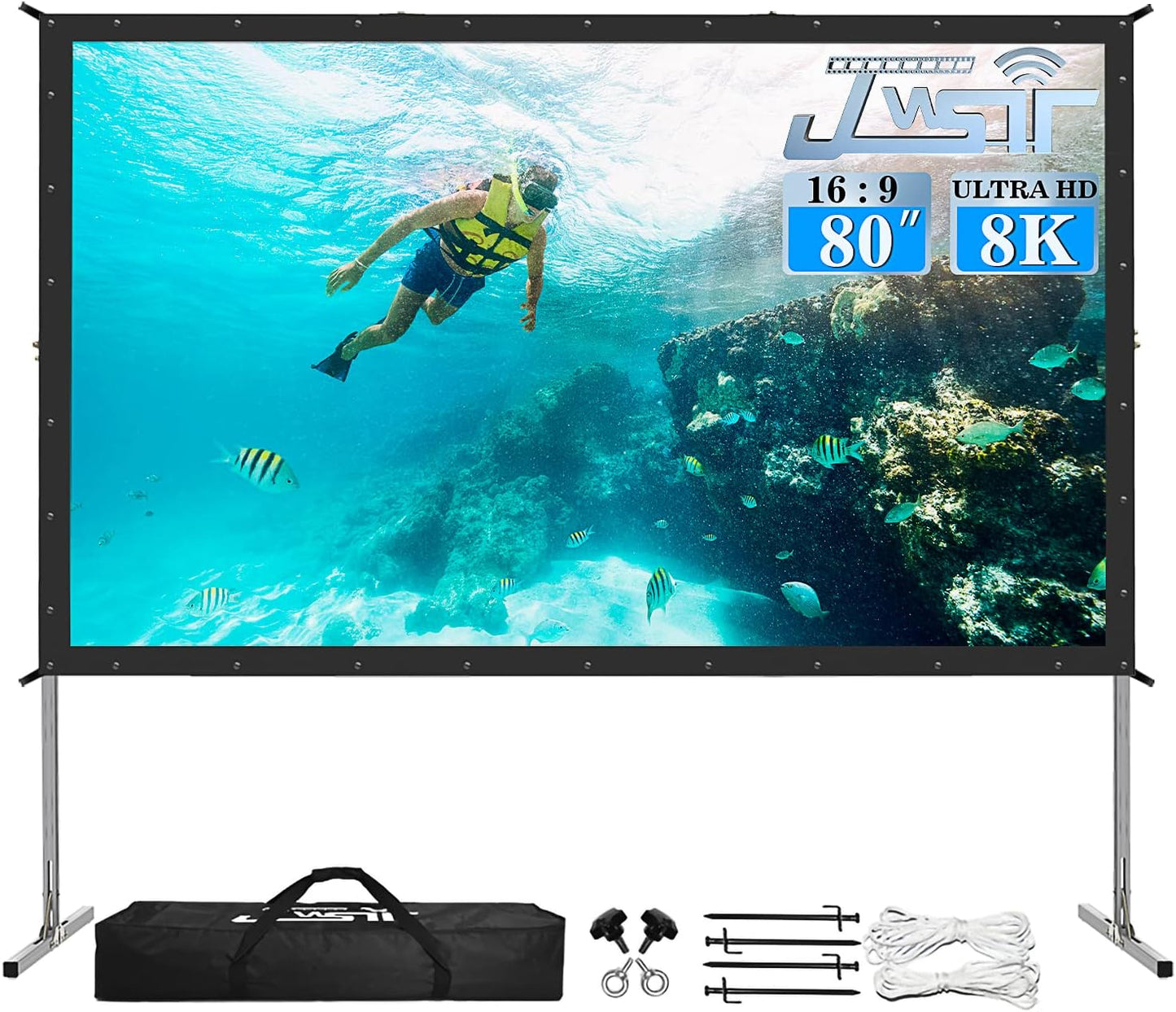 Projector Screen and Stand,JWSIT 135 inch Outdoor Movie Screen-Upgraded 3 Layers PVC 16:9 Outdoor Projector Screen,Portable Video Projection Screen with Carrying Bag for Home Theater Backyard