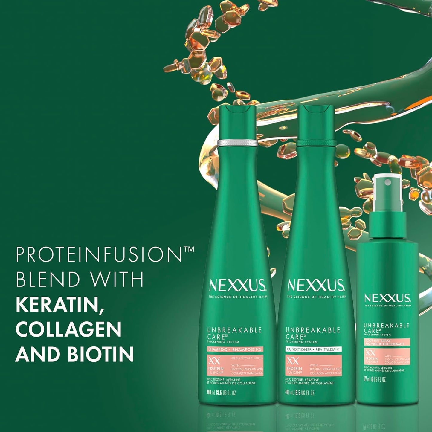 नेक्सस अनब्रेकेबल केयर शैम्पू कंडीशनर और लीव-इन स्प्रे 3 पैक पतले और महीन बालों के लिए केराटिन कोलेजन बायोटिन के साथ 13.5 औंस 6 औंस 