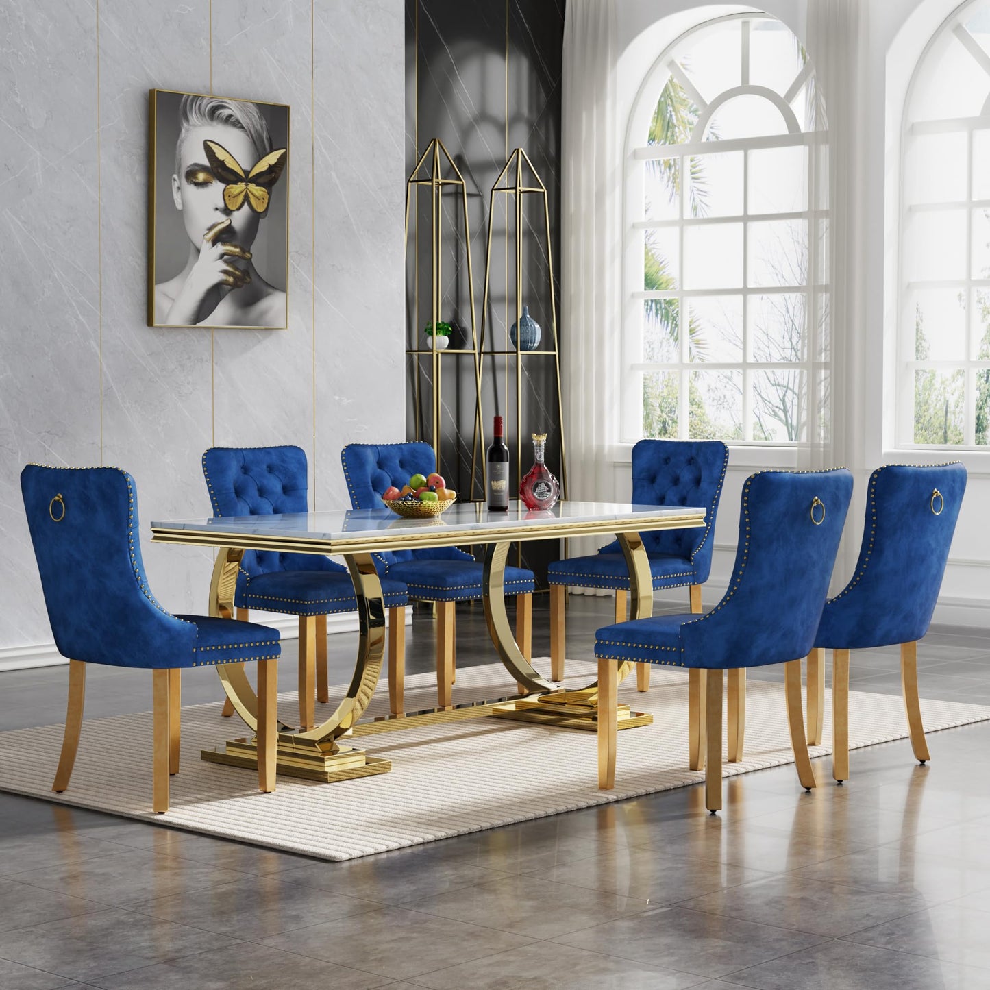 HomVent 70" Faux Marble Dining Table Set for 6, Rectangular Marble Top Kitchen Table Set, Kitchen & Dining Room Sets, Dining Table and Dining Chair