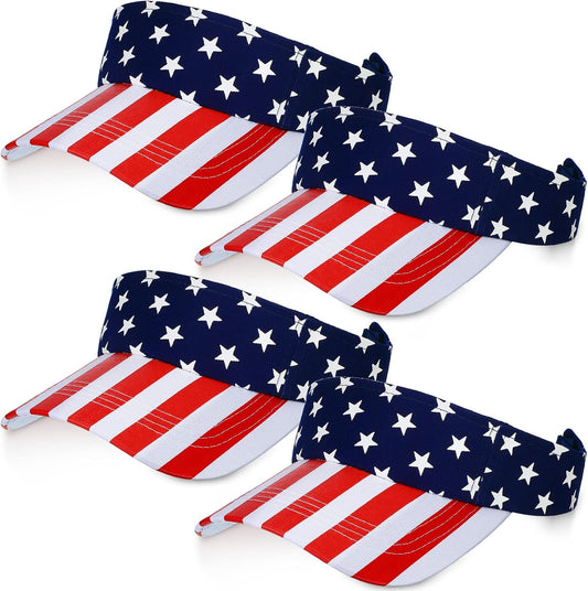 4 Pieces American USA Flag Visor Patriotic Visor Star Stripe Sun Visor Hat Adjustable Printed Twill Sun Protection Hat for Men Women