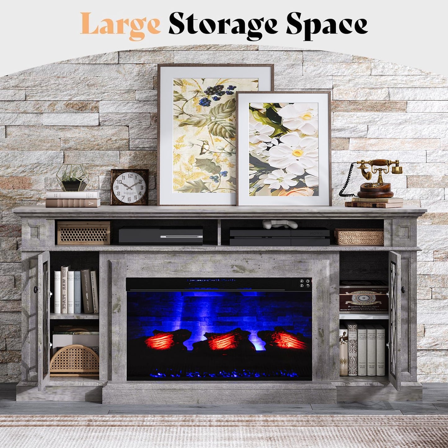 AMERLIFE 70" Farmhouse Heavy Fireplace TV Stand with 33" Electric Fireplace, for 80" TVs up, Media Entertainment Center with Diamond Door, TV Console Storage Cabinet for Living Room, White & Barnwood