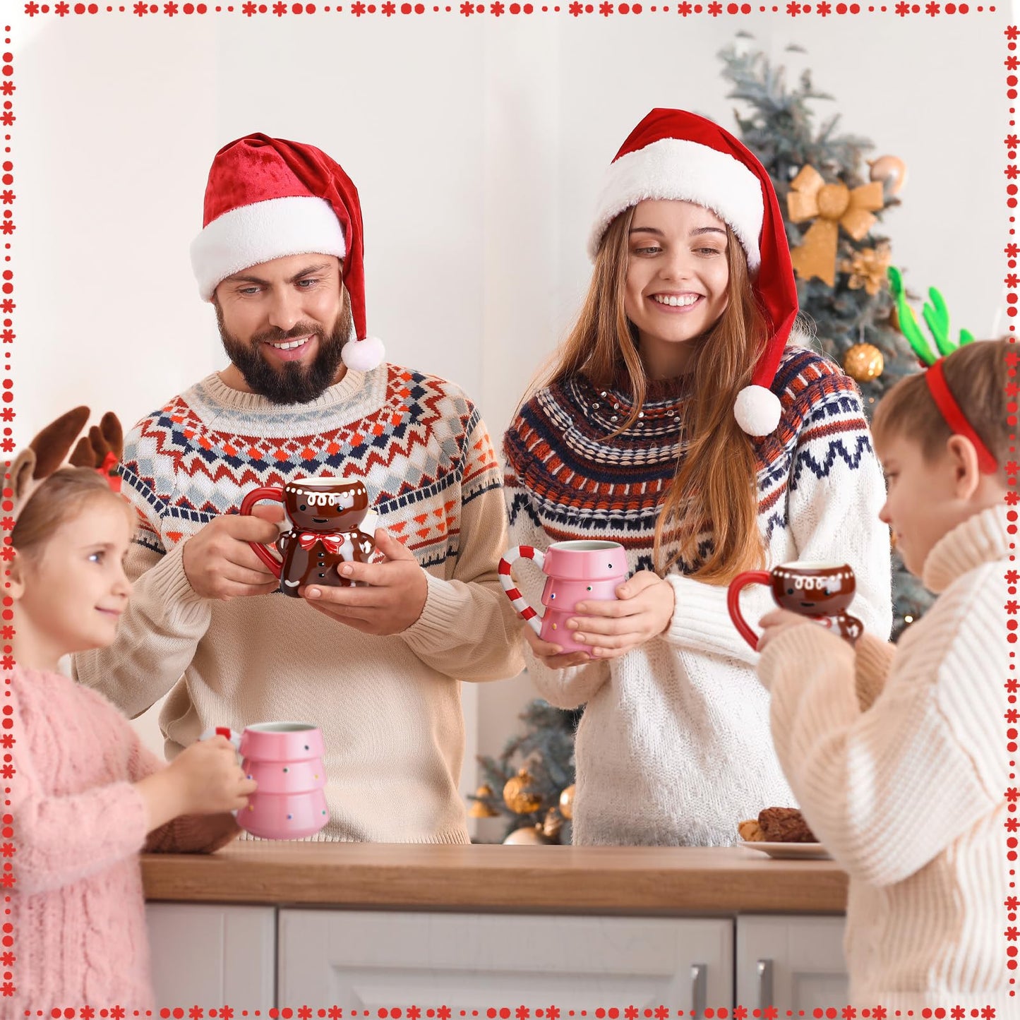 Vesici 4 Sets Paint Your Own Christmas Mugs Kits with 12 Color Paints Brush Instruction Manual Ceramic Gingerbread Man Christmas Tree Mugs Xmas DIY Painted Cup Winter Holiday Gift Art Favor