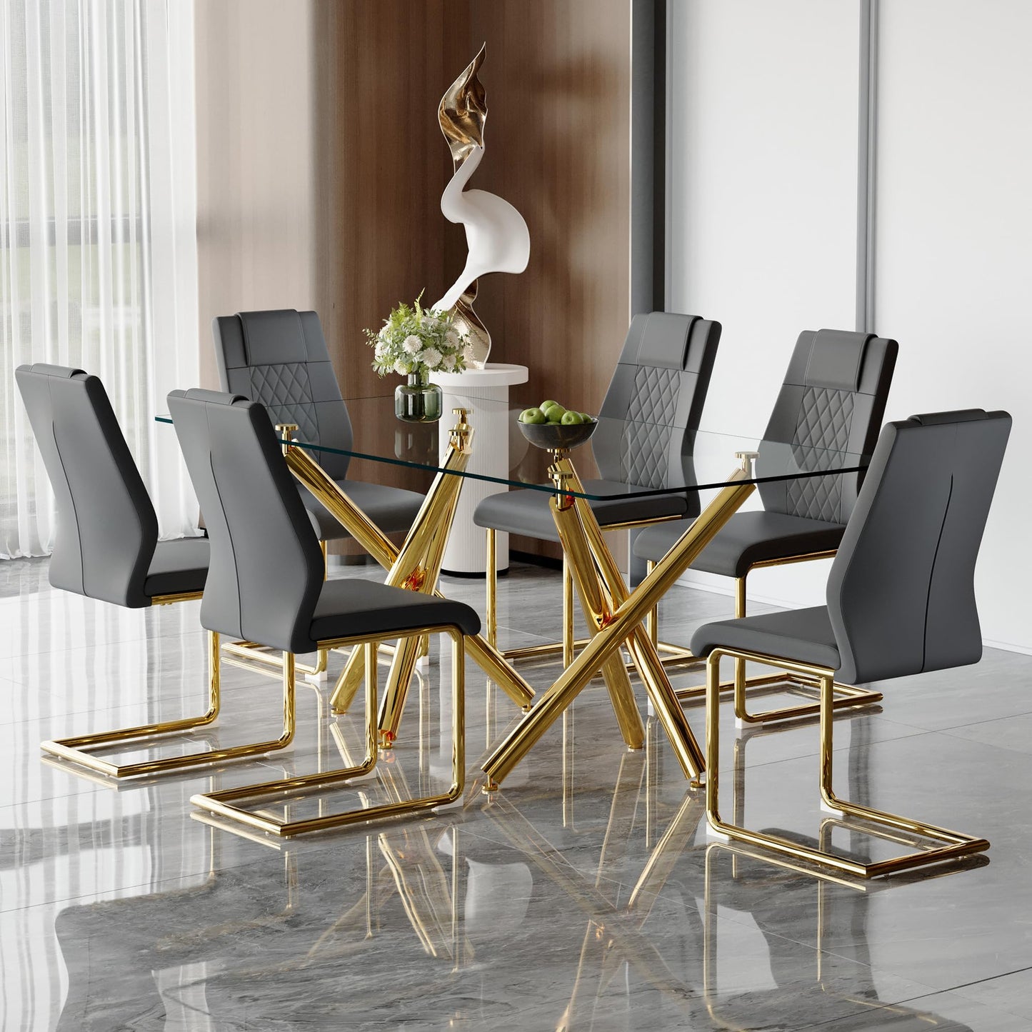 AZmac Modern Dining Table Set for 8 with Gold Metal Frame, 9-Piece Glass Dining Table with PU High Back Chairs for Kitchen Dining Room, Glass Table and 8 White Chairs