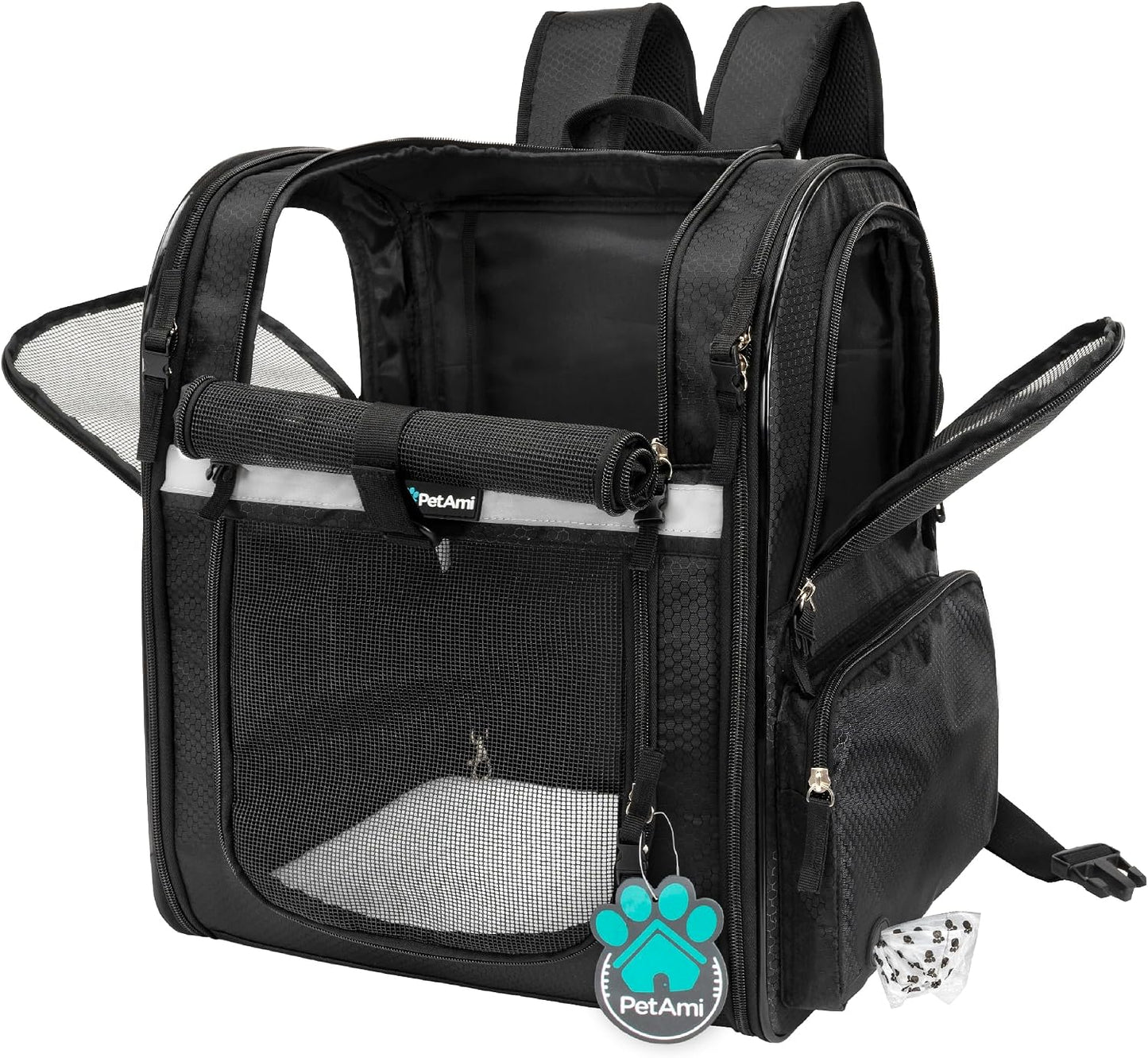 PetAmi Dog and  Cat Backpack Carrier for Cats, 4-Way Entry Ventilated, 18lbs Max | Sherpa Bed Included, Foldable Load-In Top, Safety Reflective Strap, Breathable Mesh, Poop Bag Dispenser, Padded Back Support