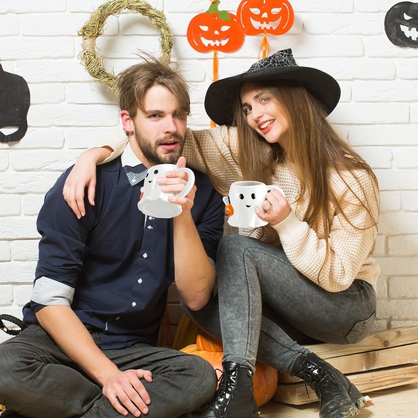 2 Pcs 12 oz Halloween Ghost Mug Coffee Ceramic Boo Mug with Pumpkin Cute Ghost Face Cup with Handle for Halloween Party Decoration