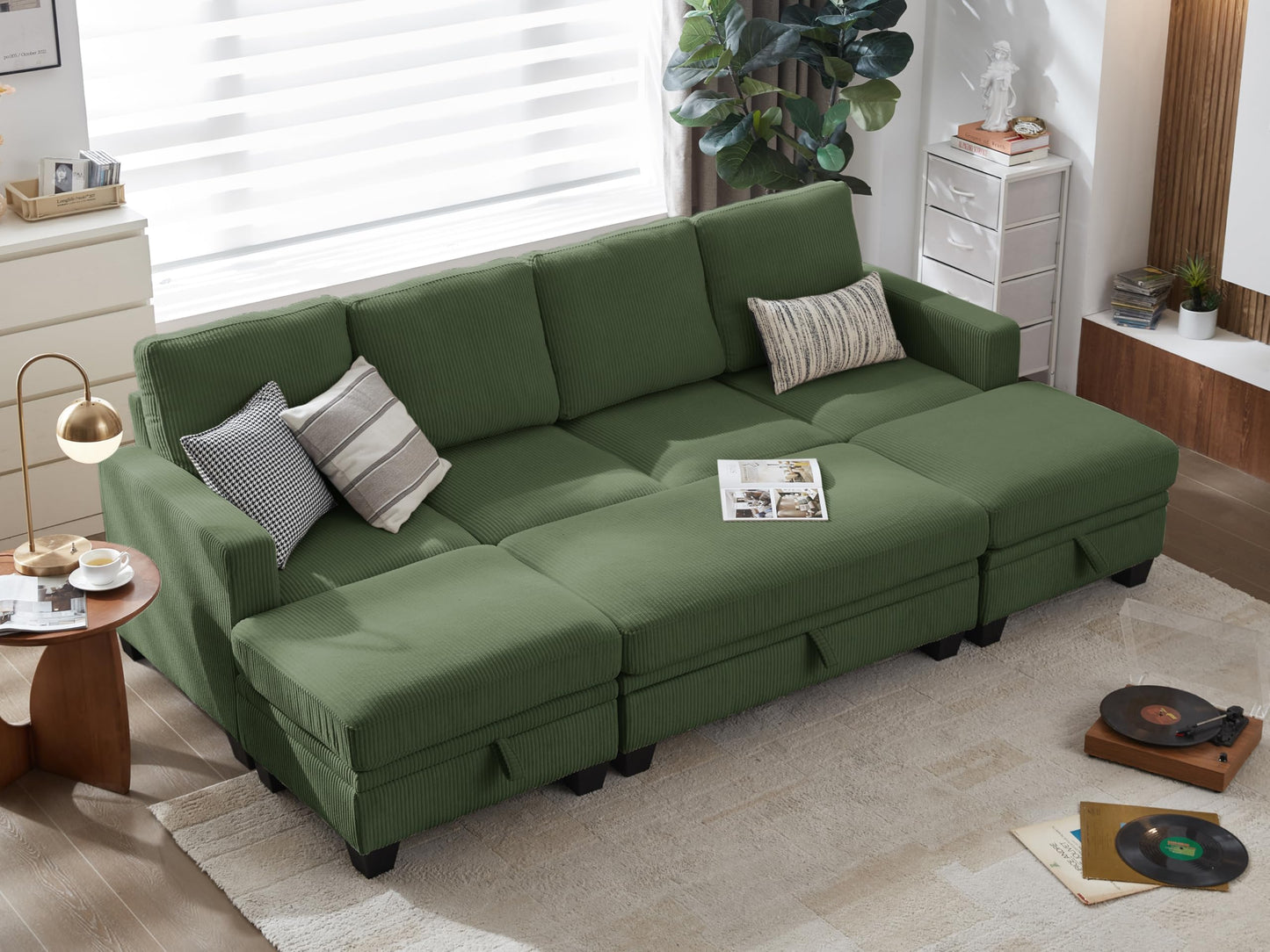 CHIC HOUSE Corduroy Modular Sectional Couch with Ottoman Chaise, L Shaped 4-seat Sofa for Living Room, Apartment, Lounge, Modern Armrest Neck Support Furniture