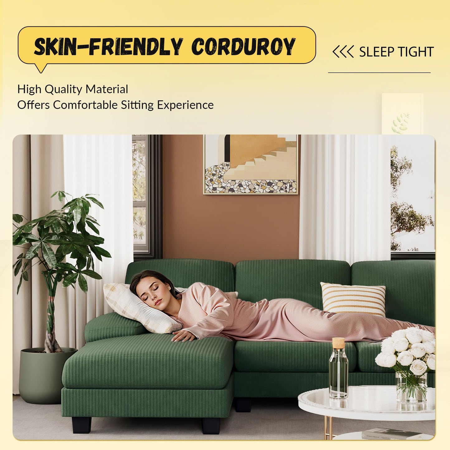 JUMMICO Sectional Couches for Living Room, U Shaped Couch with Chenille Fabric, 4 Seat Modern Sofa with Removable Pillows for Apartment and Small Space (Corduroy, Beige)