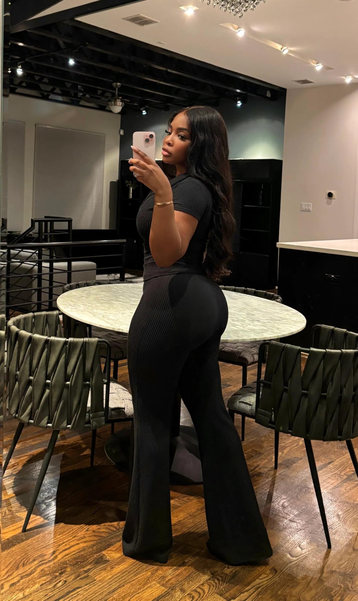 HBQ Women Two Piece Outfit Ribbed Short Sleeve V Neck Polo Top and Flare Pants Casual Lounge Sets Tracksuit