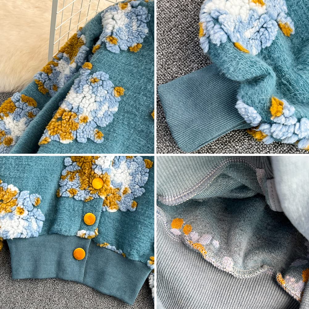 HOULENGS Women's Cropped Floral Print Fleece Bomber Jacket Casual Puff Sleeve Button Down Coats Winter Warm Outerwears