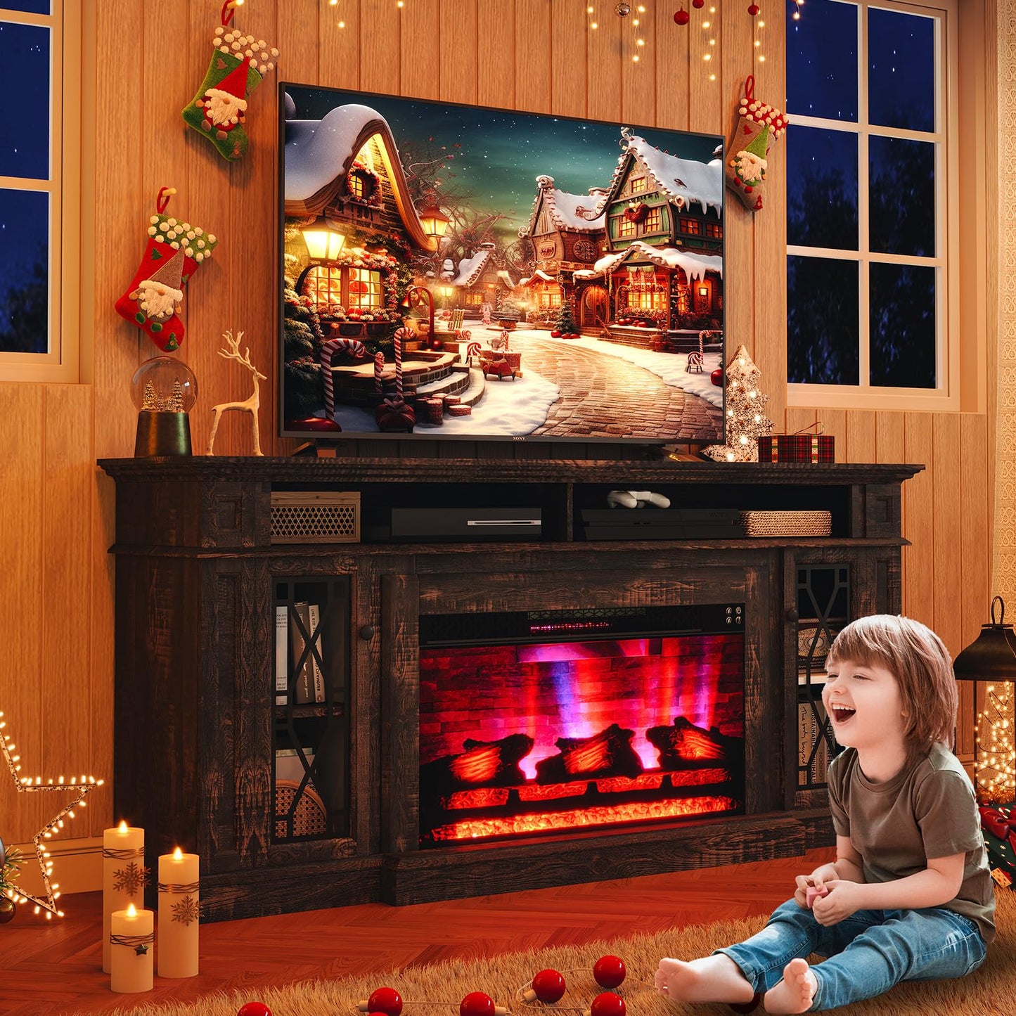 AMERLIFE 70" Farmhouse Heavy Fireplace TV Stand with 33" Electric Fireplace, for 80" TVs up, Media Entertainment Center with Diamond Door, TV Console Storage Cabinet for Living Room, White & Barnwood