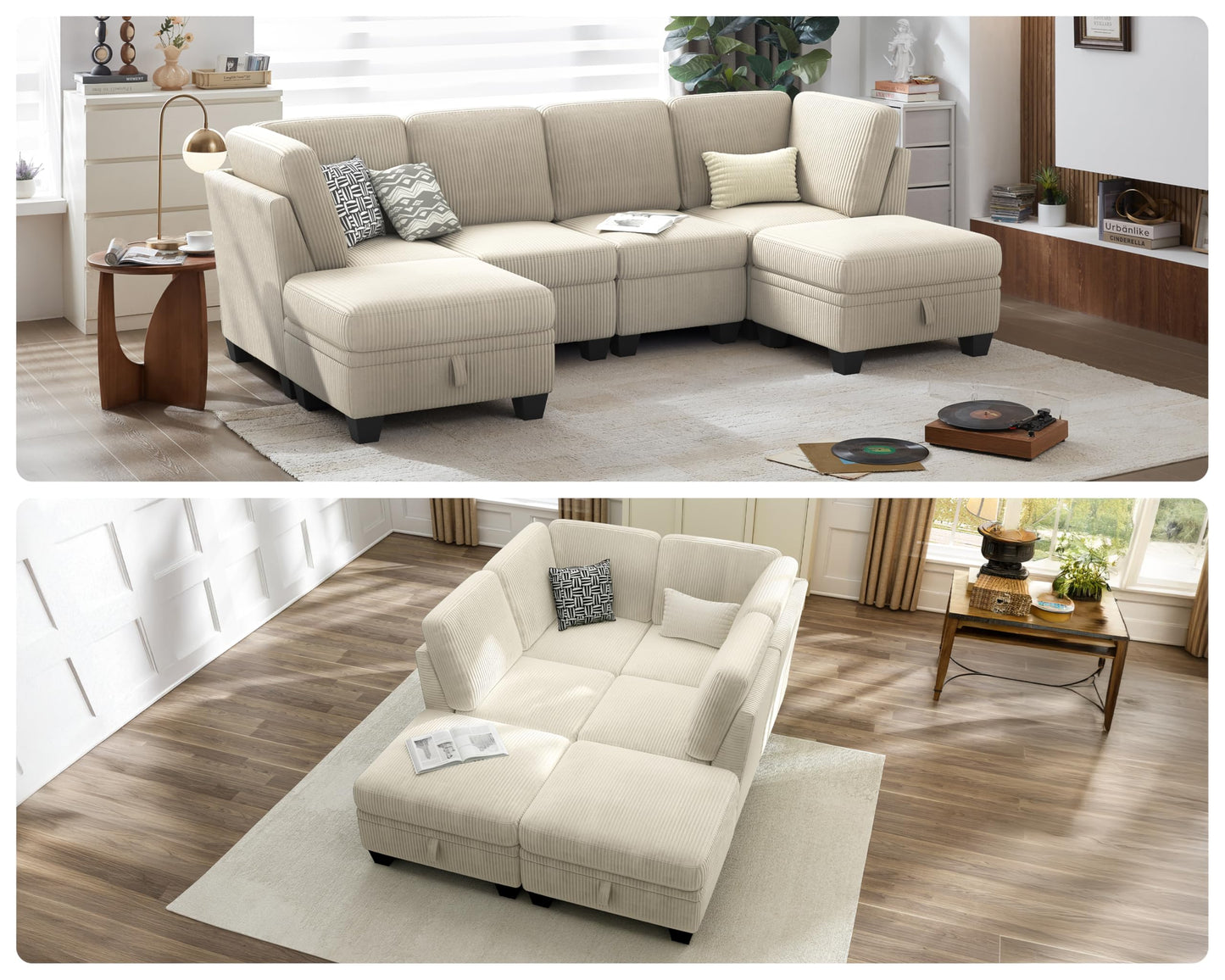 CHIC HOUSE Corduroy Modular Sectional Couch with Ottoman Chaise, L Shaped 4-seat Sofa for Living Room, Apartment, Lounge, Modern Armrest Neck Support Furniture