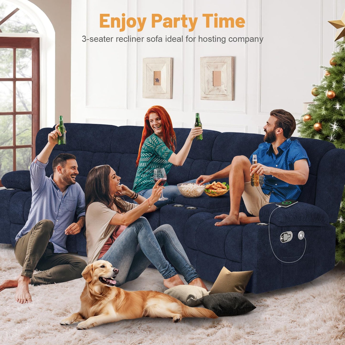 Loveseat Recliner Sofa, Flip Middle Backrest Design 3 Seat Reclining Sofa with Storage Drawer, USB Ports & Cup Holders, Manual Couch for Living Room/RV (Gray)