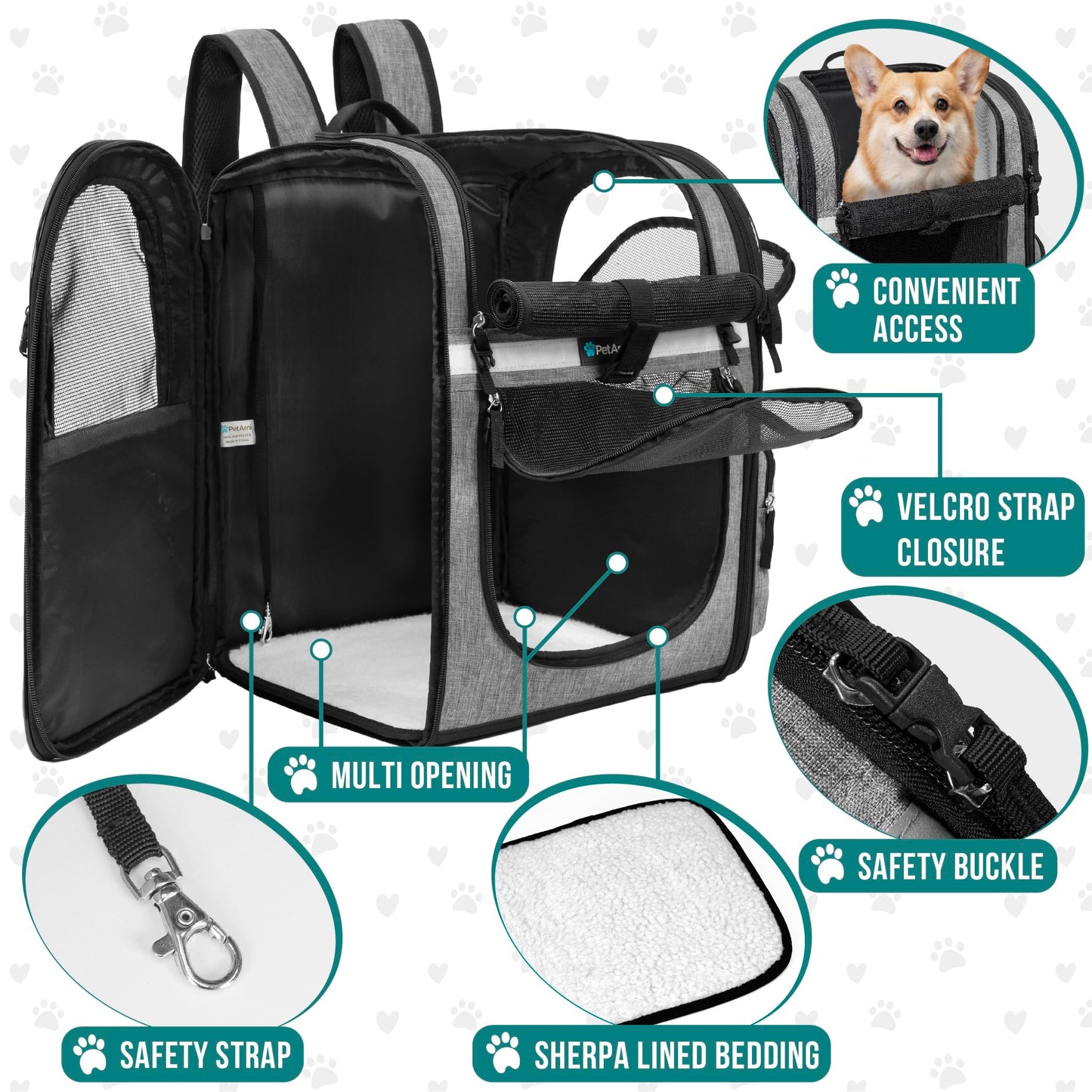 PetAmi Dog and  Cat Backpack Carrier for Cats, 4-Way Entry Ventilated, 18lbs Max | Sherpa Bed Included, Foldable Load-In Top, Safety Reflective Strap, Breathable Mesh, Poop Bag Dispenser, Padded Back Support