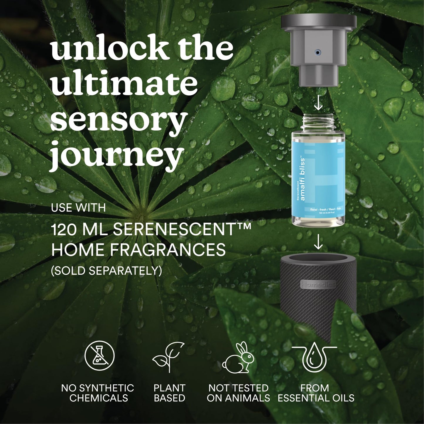 Homedics SereneScent Fabric Rechargeable Waterless Diffuser, Use with Homedics SereneScent Oil 120ml (Sold Separately) Cordless Aromatherapy, Adjustable Mist & Timer, 6 Calming Lights, Black