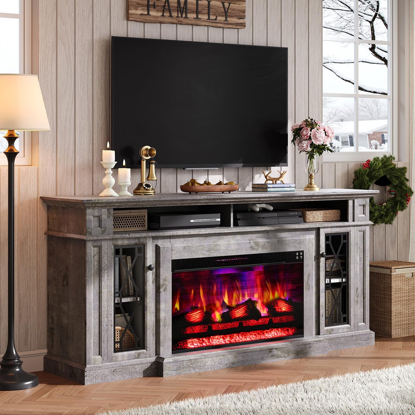 AMERLIFE 70" Farmhouse Heavy Fireplace TV Stand with 33" Electric Fireplace, for 80" TVs up, Media Entertainment Center with Diamond Door, TV Console Storage Cabinet for Living Room, White & Barnwood