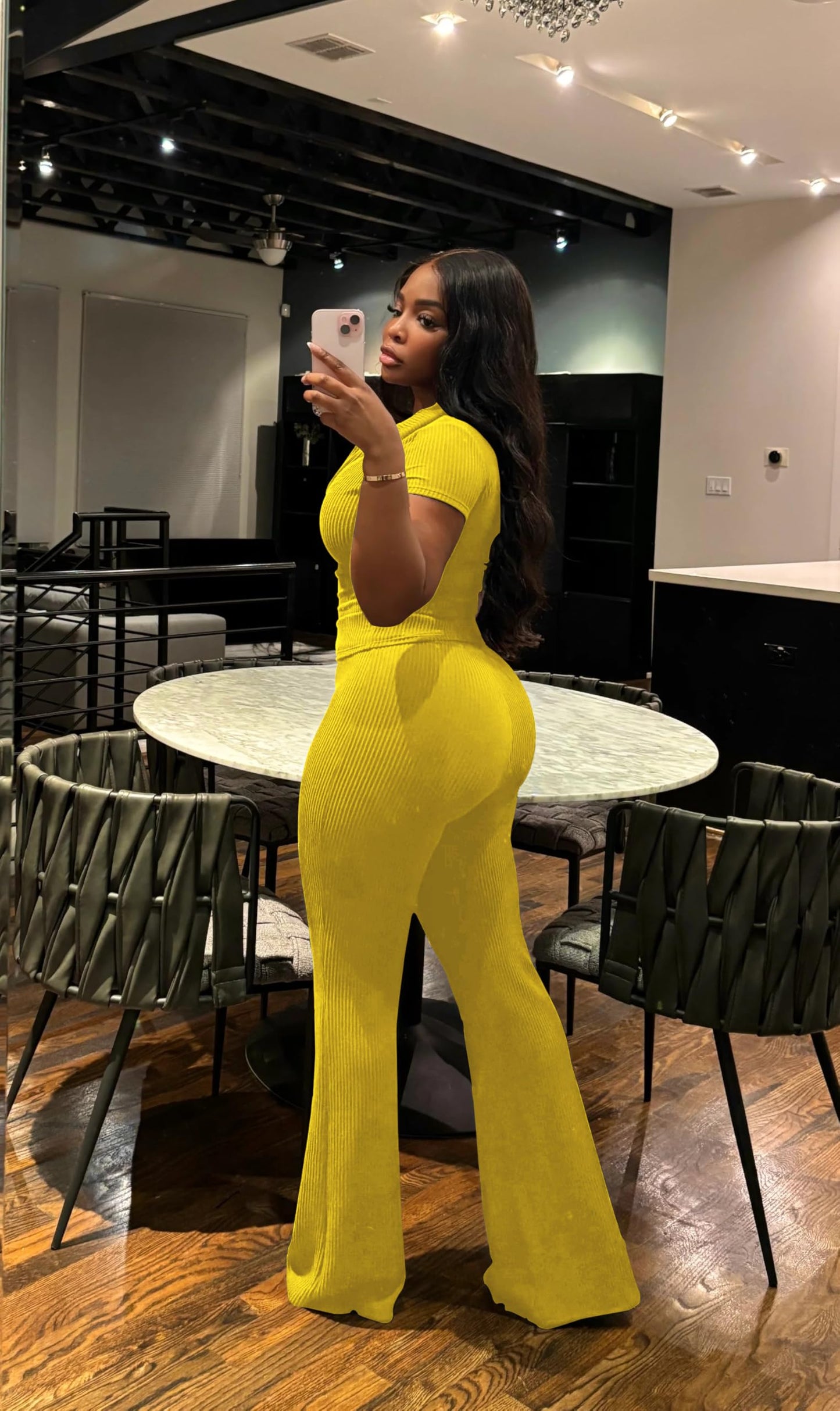 HBQ Women Two Piece Outfit Ribbed Short Sleeve V Neck Polo Top and Flare Pants Casual Lounge Sets Tracksuit