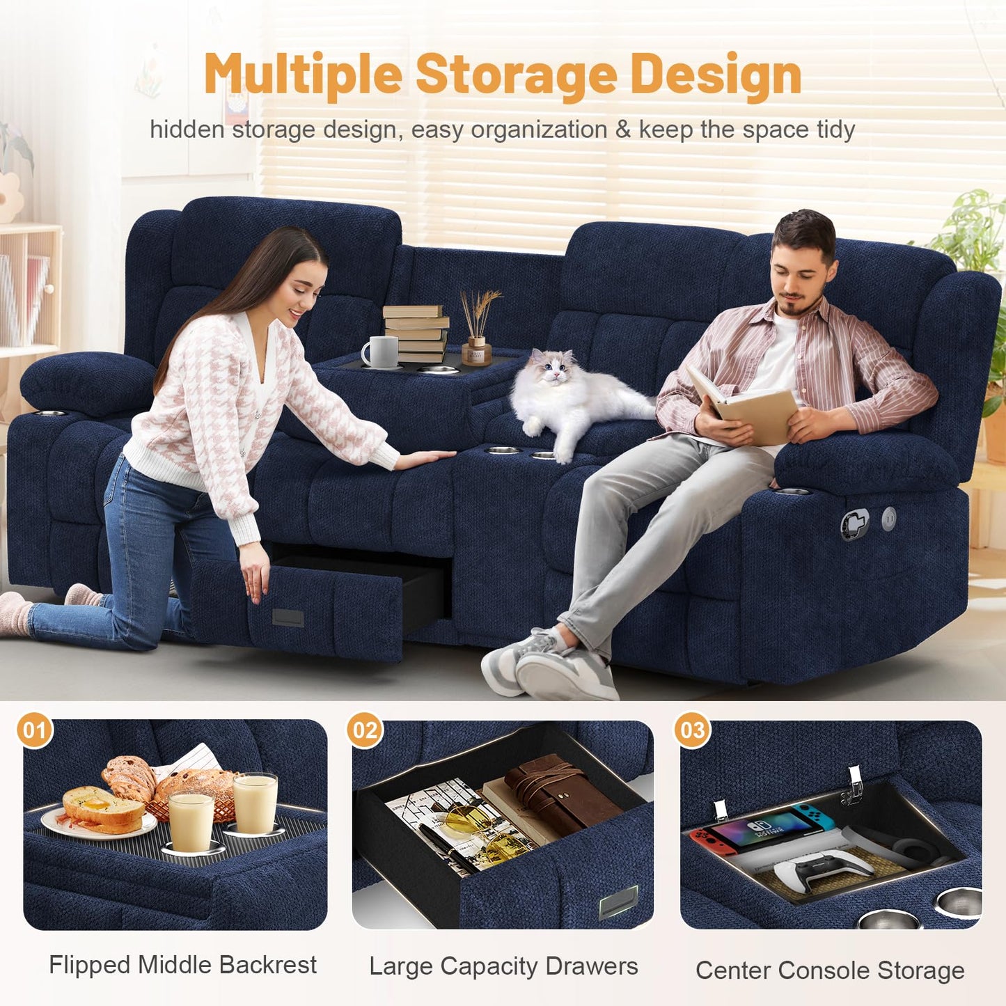 Loveseat Recliner Sofa, Flip Middle Backrest Design 3 Seat Reclining Sofa with Storage Drawer, USB Ports & Cup Holders, Manual Couch for Living Room/RV (Gray)