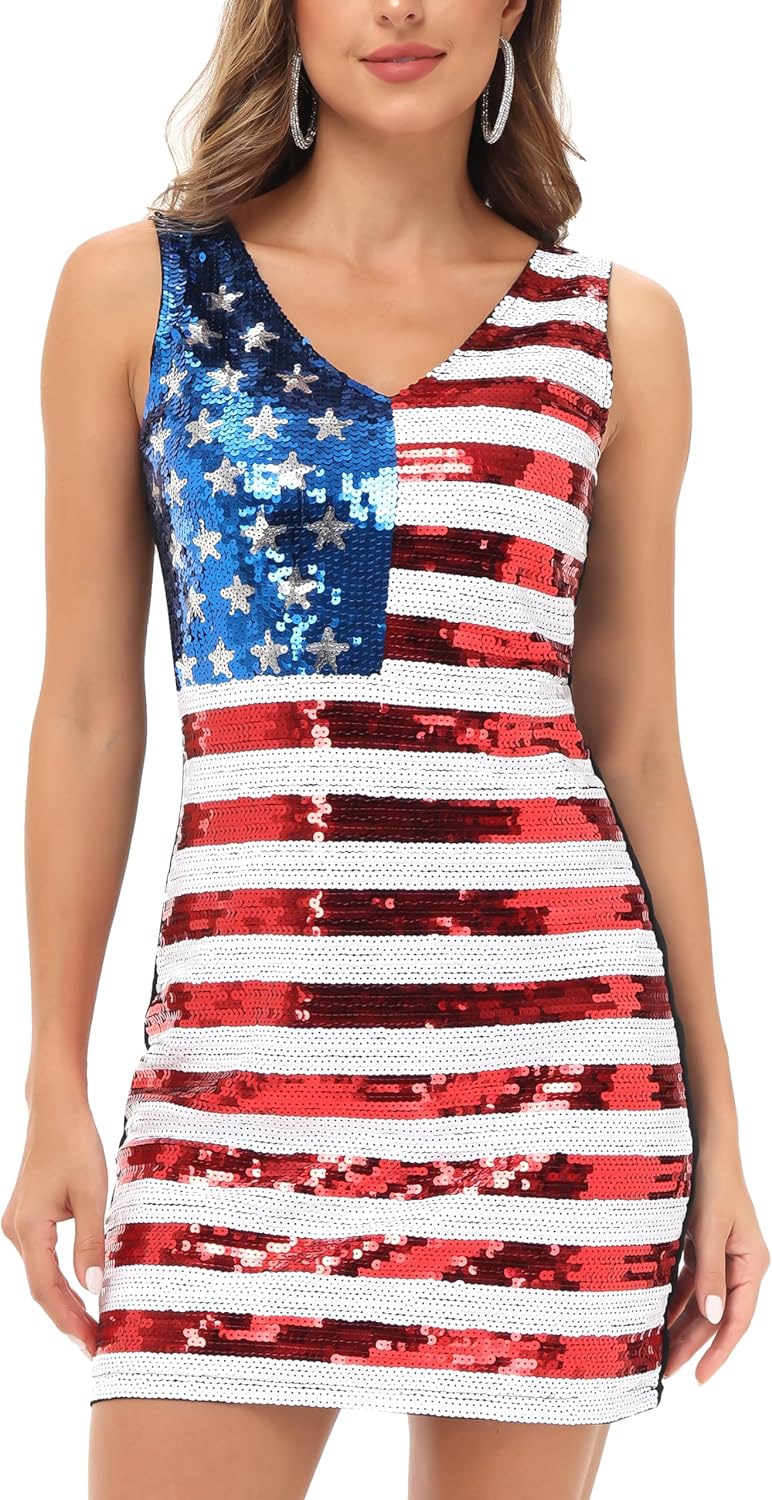 Anna-Kaci Women's American Flag Sequin Dress V-Neck Sleeveless USA Patriotic Striped Glitter Tank Mini Dress