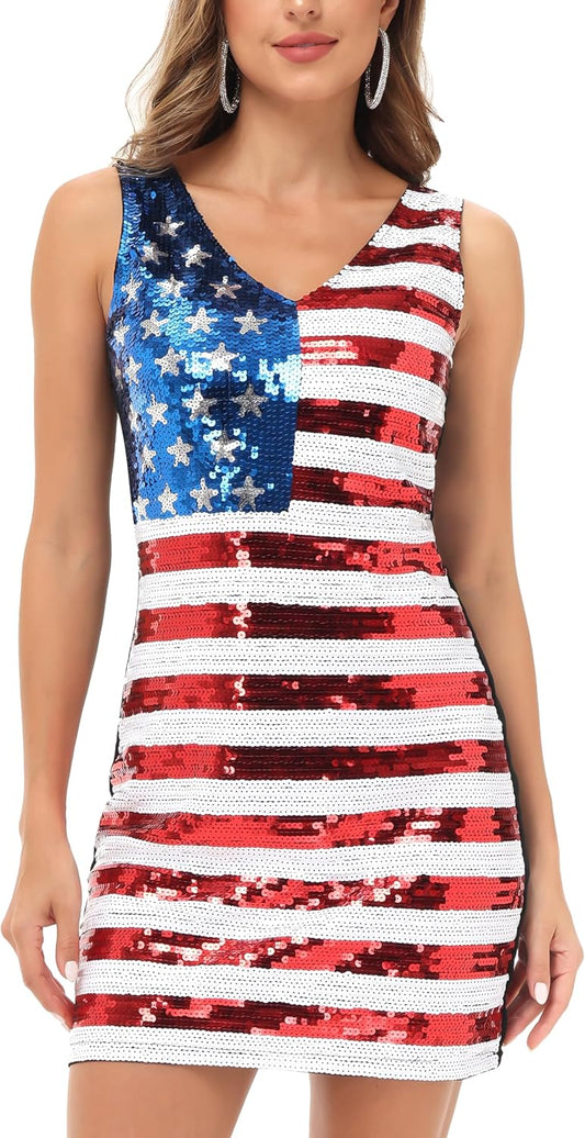 Anna-Kaci Women's American Flag Sequin Dress V-Neck Sleeveless USA Patriotic Striped Glitter Tank Mini Dress
