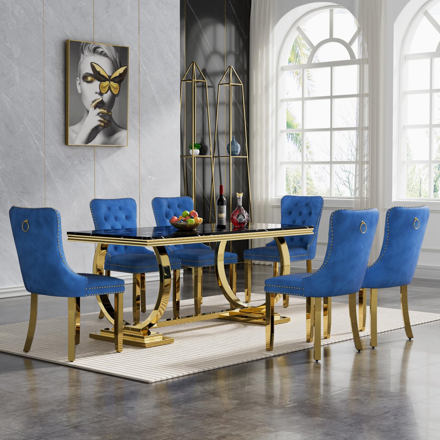 HomVent 70" Faux Marble Dining Table Set for 6, Rectangular Marble Top Kitchen Table Set, Kitchen & Dining Room Sets, Dining Table and Dining Chair