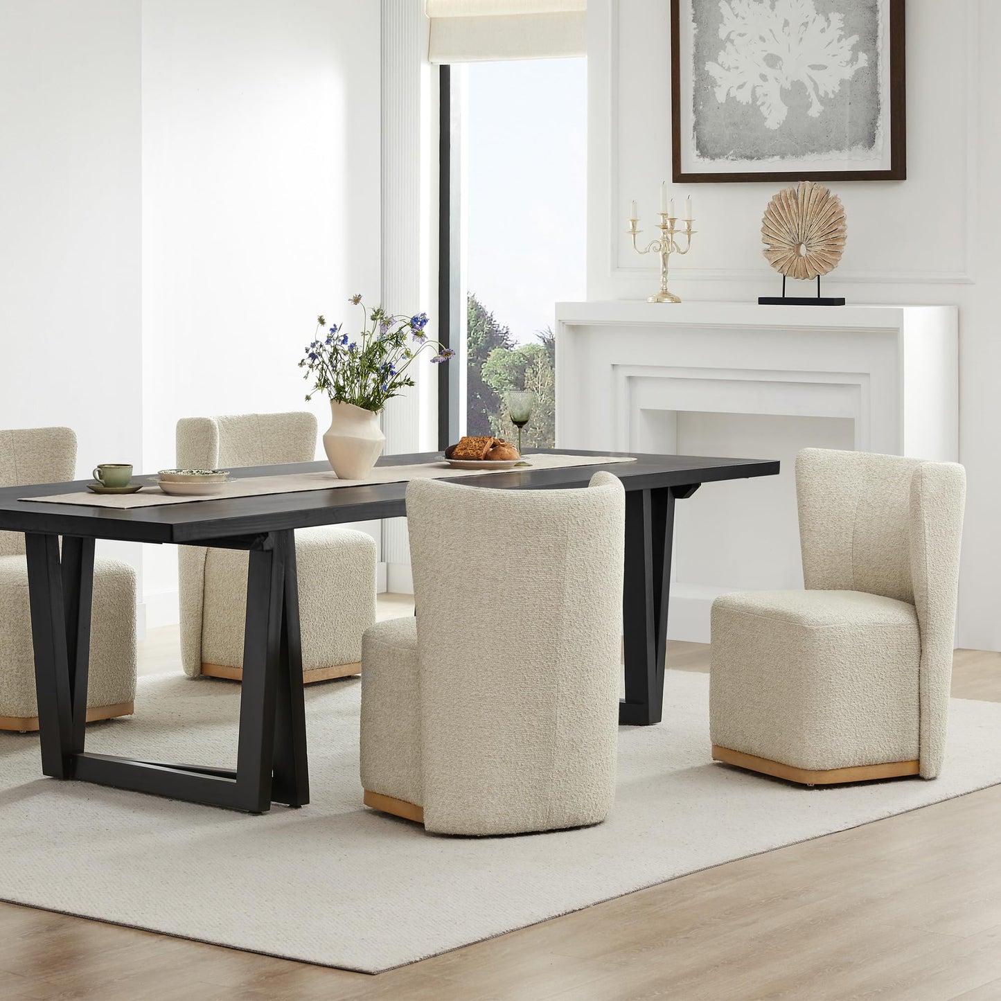 CHITA Upholstered Rolling Dining Chair on Casters Set of 4, FSC Certified Modern Fabric Dining Chair with Casters, Boucle Dining Chairs for Reading Room Waiting Room Kitchen Dining Room, Oatmeal