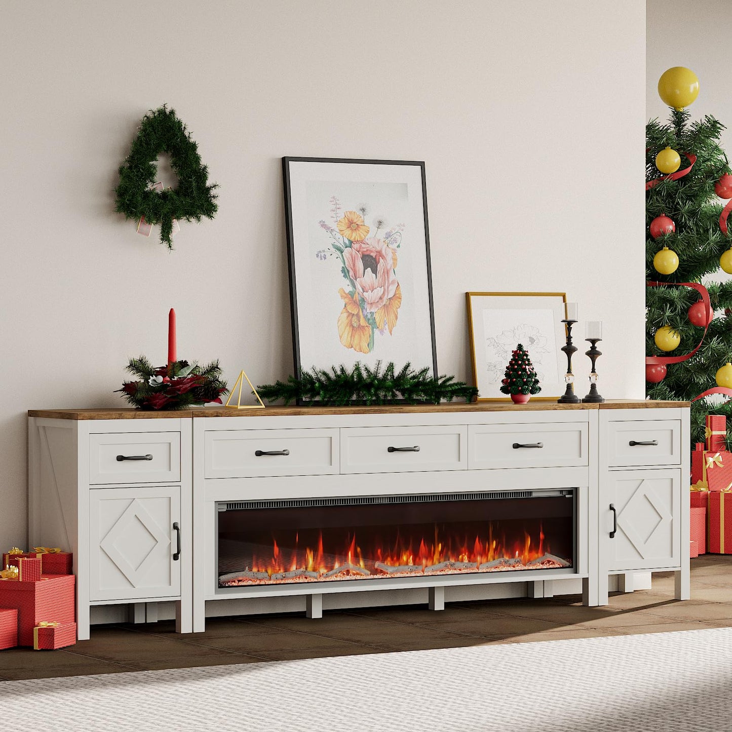 Farmhouse TV Stand with Fireplace for TVs Up to 95 Inch,Entertainment Center with 50" Electric Fireplace,88" TV Console with Storage Cabinet Drawers for Living Room(Off White)