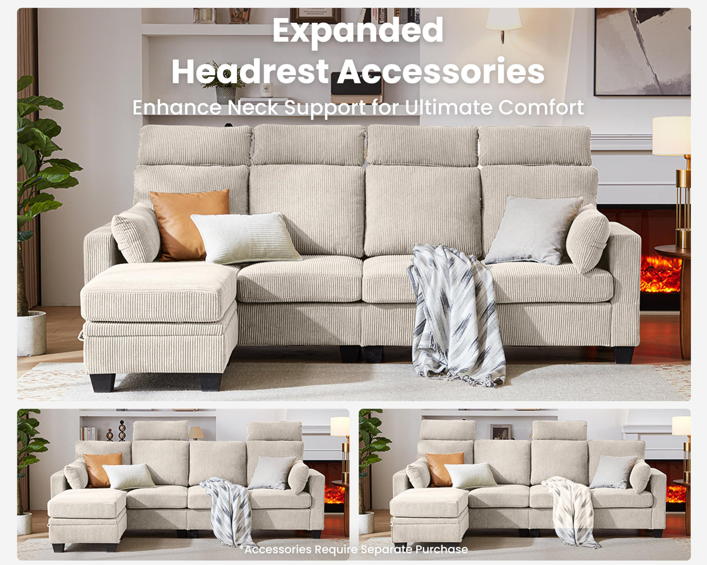 CHIC HOUSE Corduroy Modular Sectional Couch with Ottoman Chaise, L Shaped 4-seat Sofa for Living Room, Apartment, Lounge, Modern Armrest Neck Support Furniture