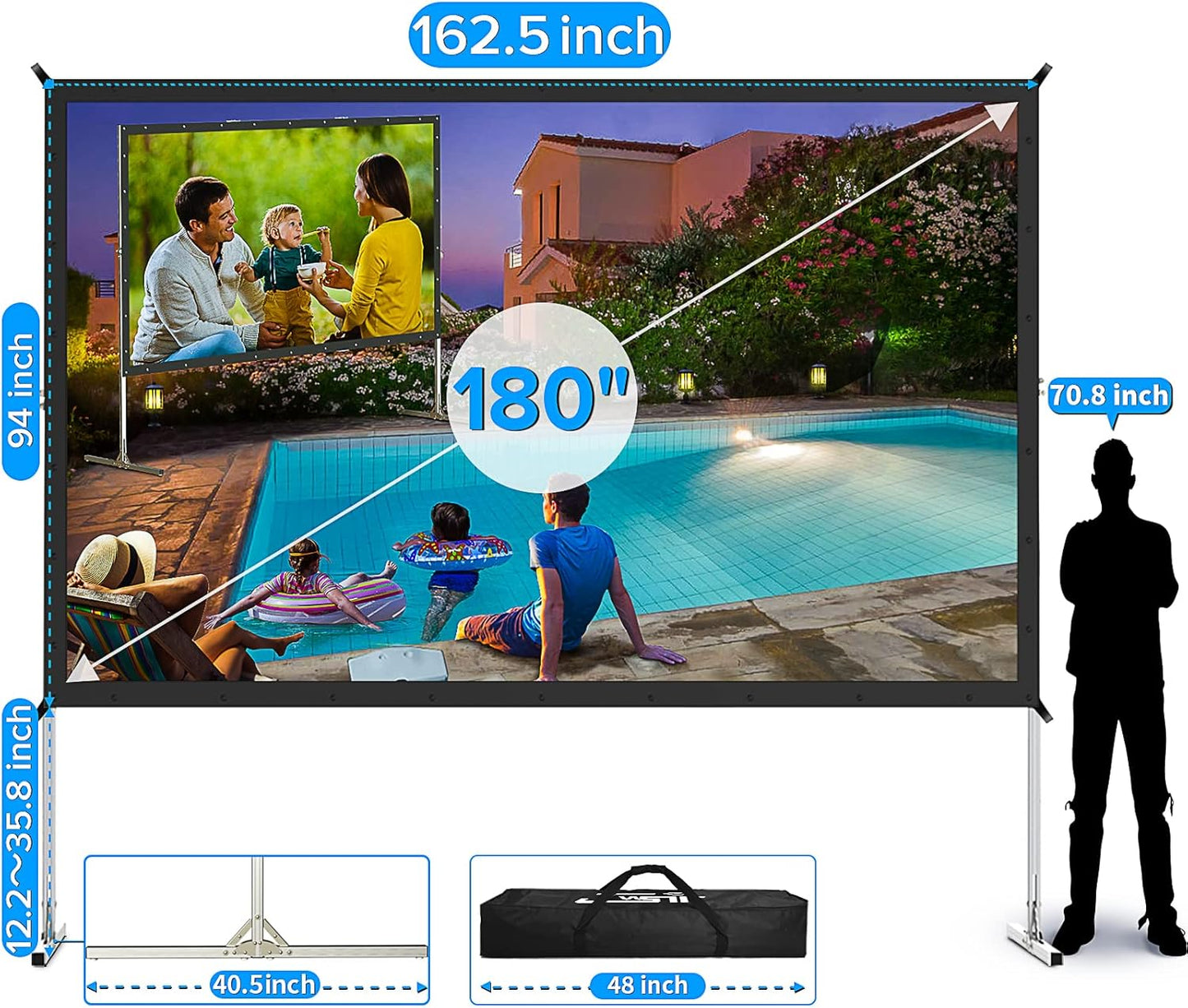 Projector Screen and Stand,JWSIT 135 inch Outdoor Movie Screen-Upgraded 3 Layers PVC 16:9 Outdoor Projector Screen,Portable Video Projection Screen with Carrying Bag for Home Theater Backyard