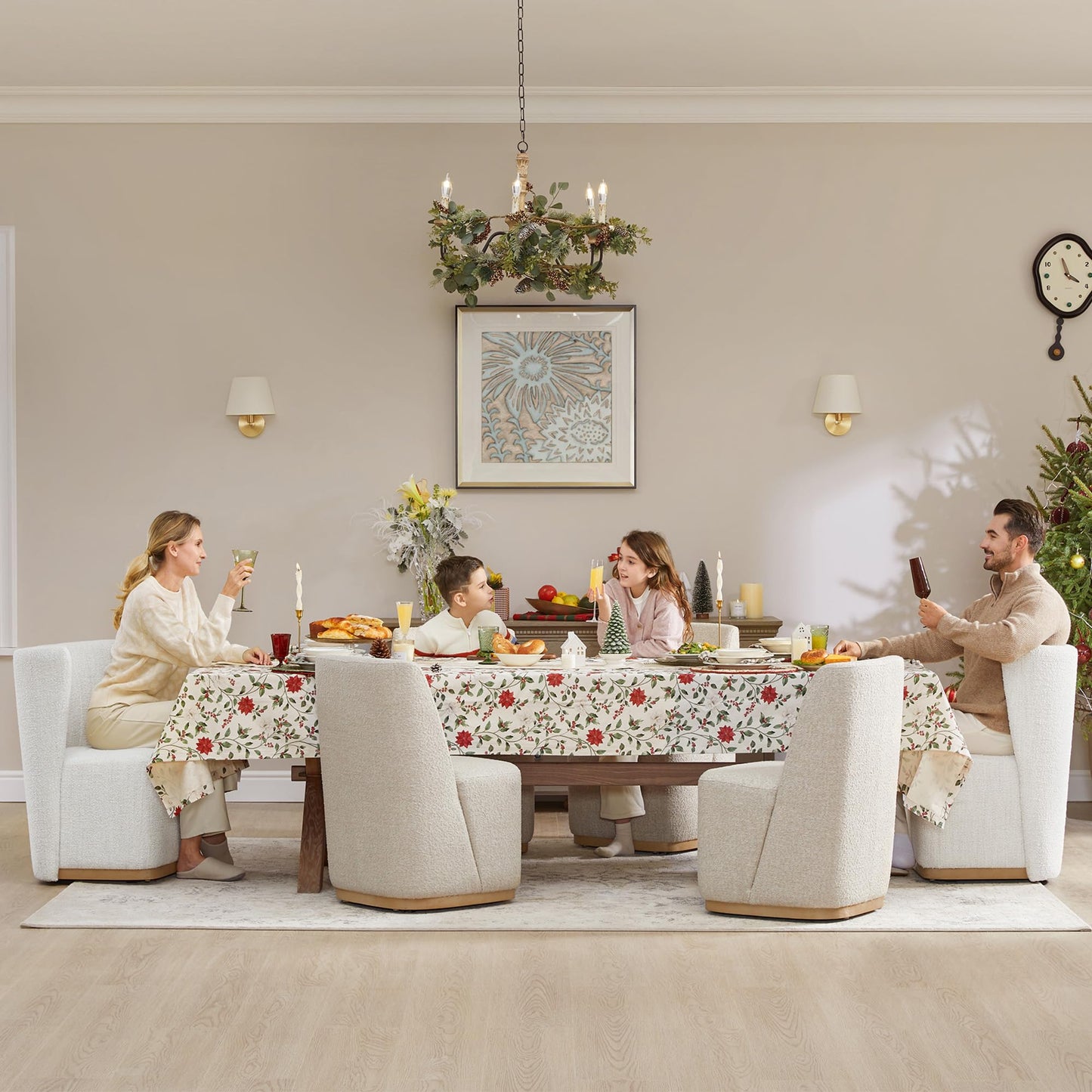 CHITA Upholstered Rolling Dining Chair on Casters Set of 4, FSC Certified Modern Fabric Dining Chair with Casters, Boucle Dining Chairs for Reading Room Waiting Room Kitchen Dining Room, Oatmeal