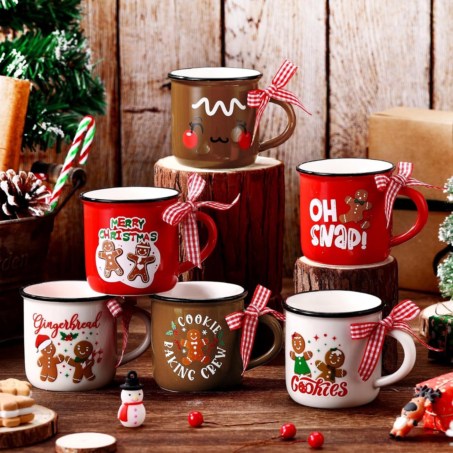 6 Pcs Christmas Mini Coffee Mugs Xmas Mini Coffee Cups Christmas Mugs with Ribbons for Home Tiered Tray Decor Xmas Winter Holiday Kitchen Bar Decorations Housewarming Gifts (Gingerbread Man)