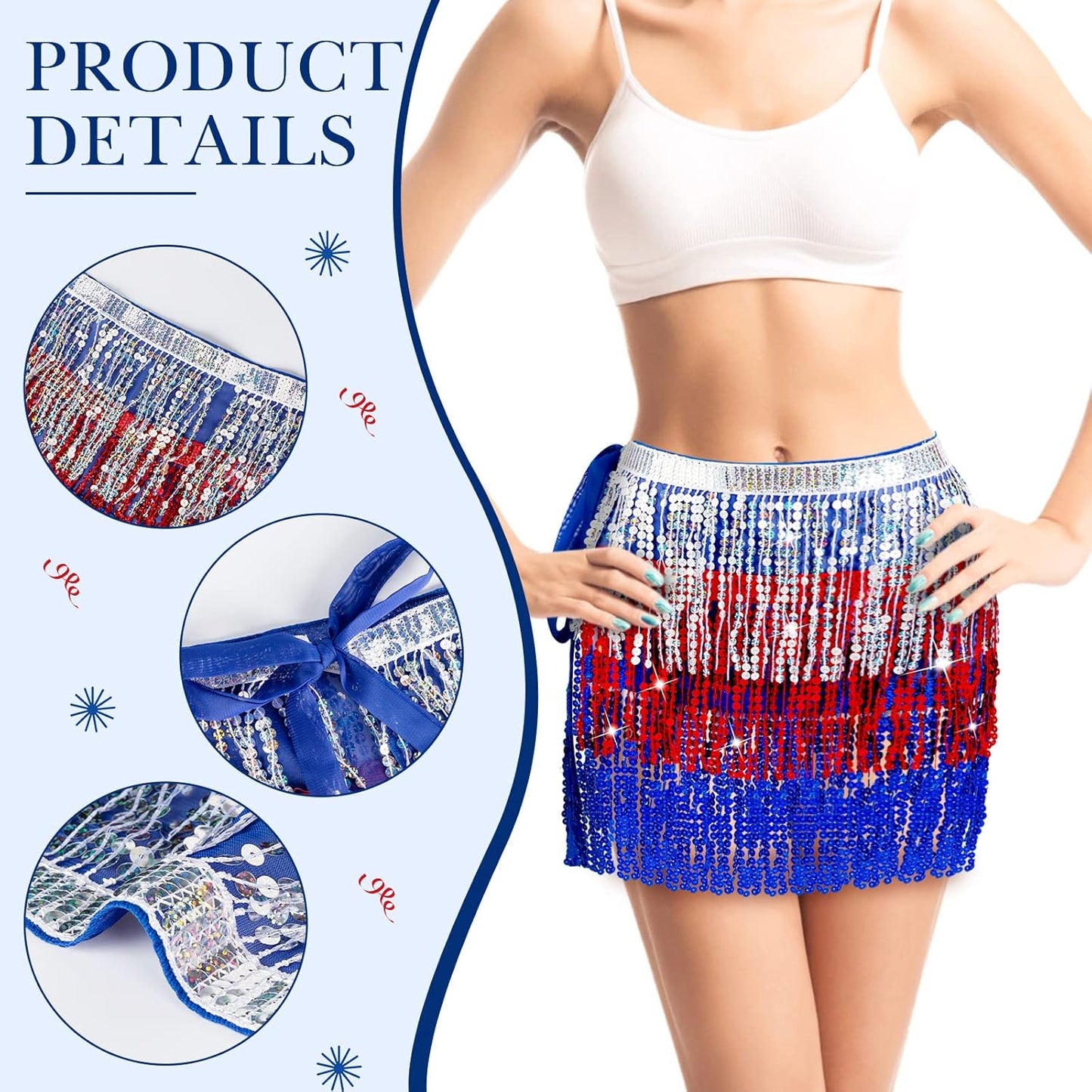 Mepase 2 Pcs 4th of July Skirt Patriotic Sequin Tassel Skirts Belly Dance Fringe Hip Scarf Boho Women's Wrap Rave Costume for Women Girls Performance Outfit Festival Carnival Party Favors Multicolor