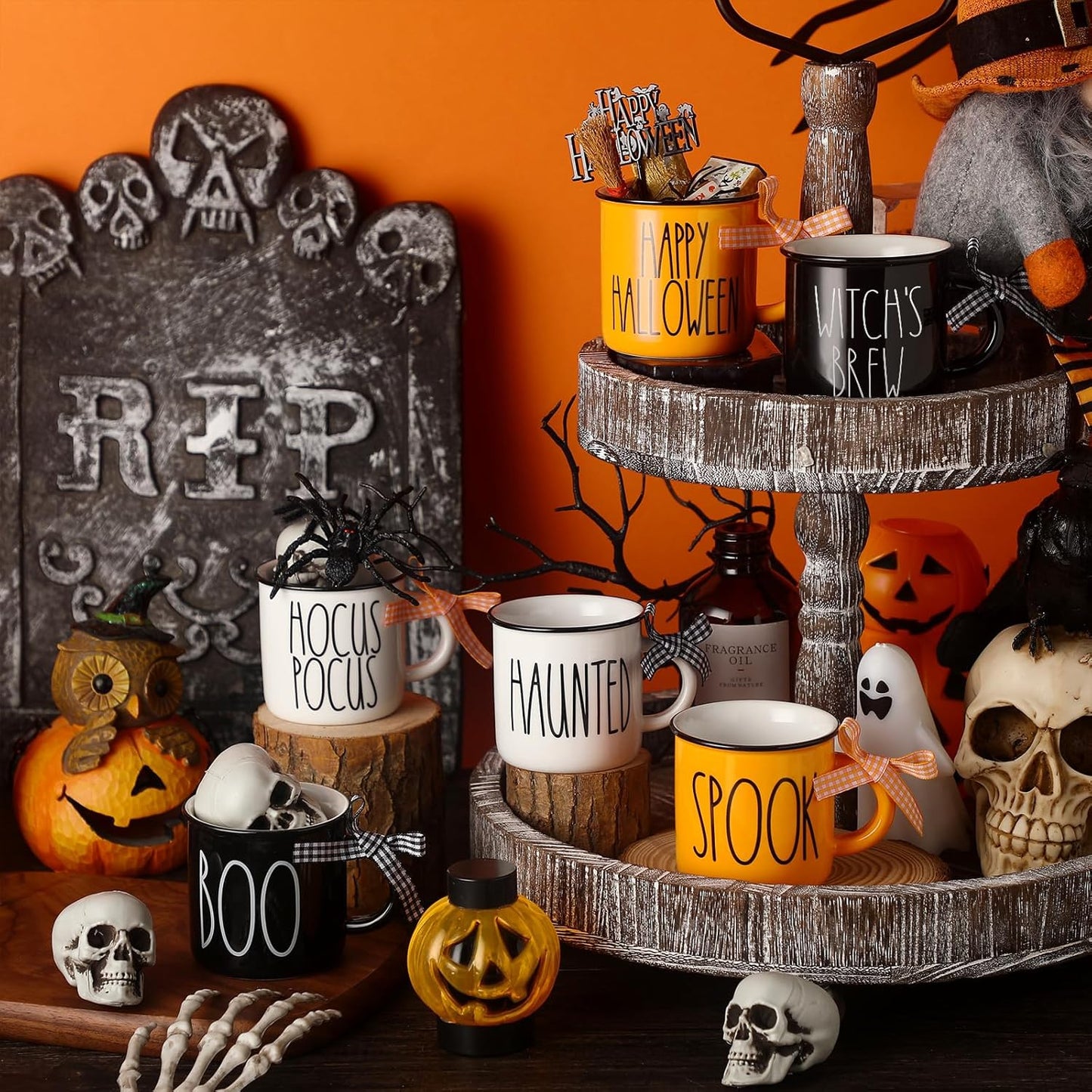 Halloween Mini Coffee Mugs Set of 6 Pumpkin Ghost Witch Mini Coffee Cups Tiered Tray Decor for Halloween Kitchen Bar Coffee Decoration Centerpiece Housewarming Gift