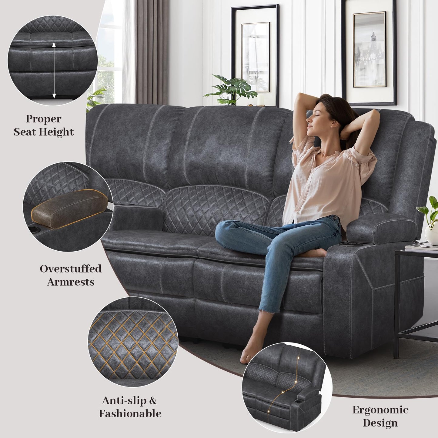3 Seater Recliner Sofa Set with 2-Tier Cushion, 3+1+1 Pieces in Living Room, 3 Seater Reclining Couch Dutch Velvet with Removable Console, 2 Oversize Recliner Chair Sofa Seat - Grey