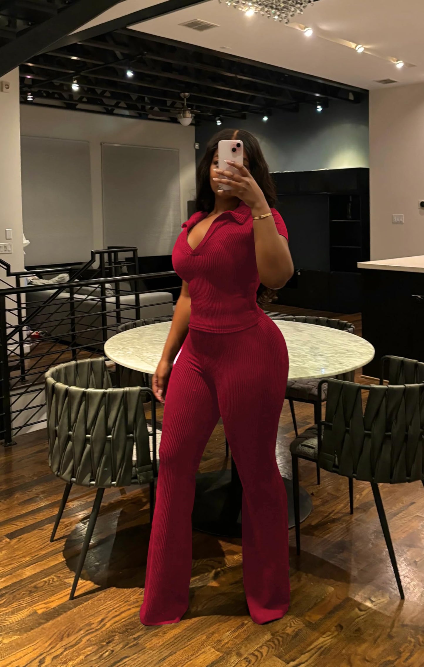 HBQ Women Two Piece Outfit Ribbed Short Sleeve V Neck Polo Top and Flare Pants Casual Lounge Sets Tracksuit